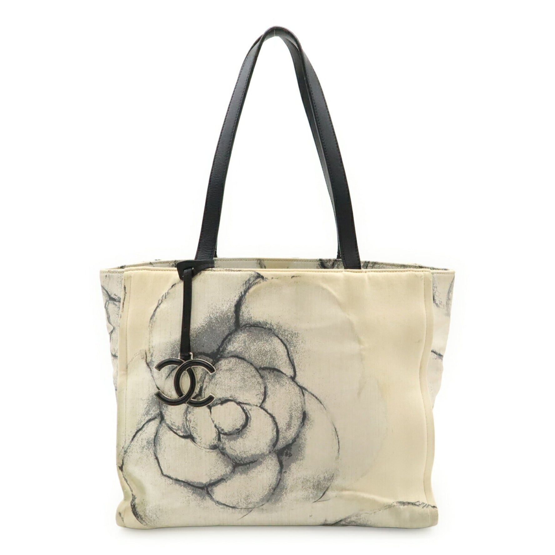 CHANEL Coco Mark Camellia Tote Bag Shoulder Canvas Leather Off-White White Black
