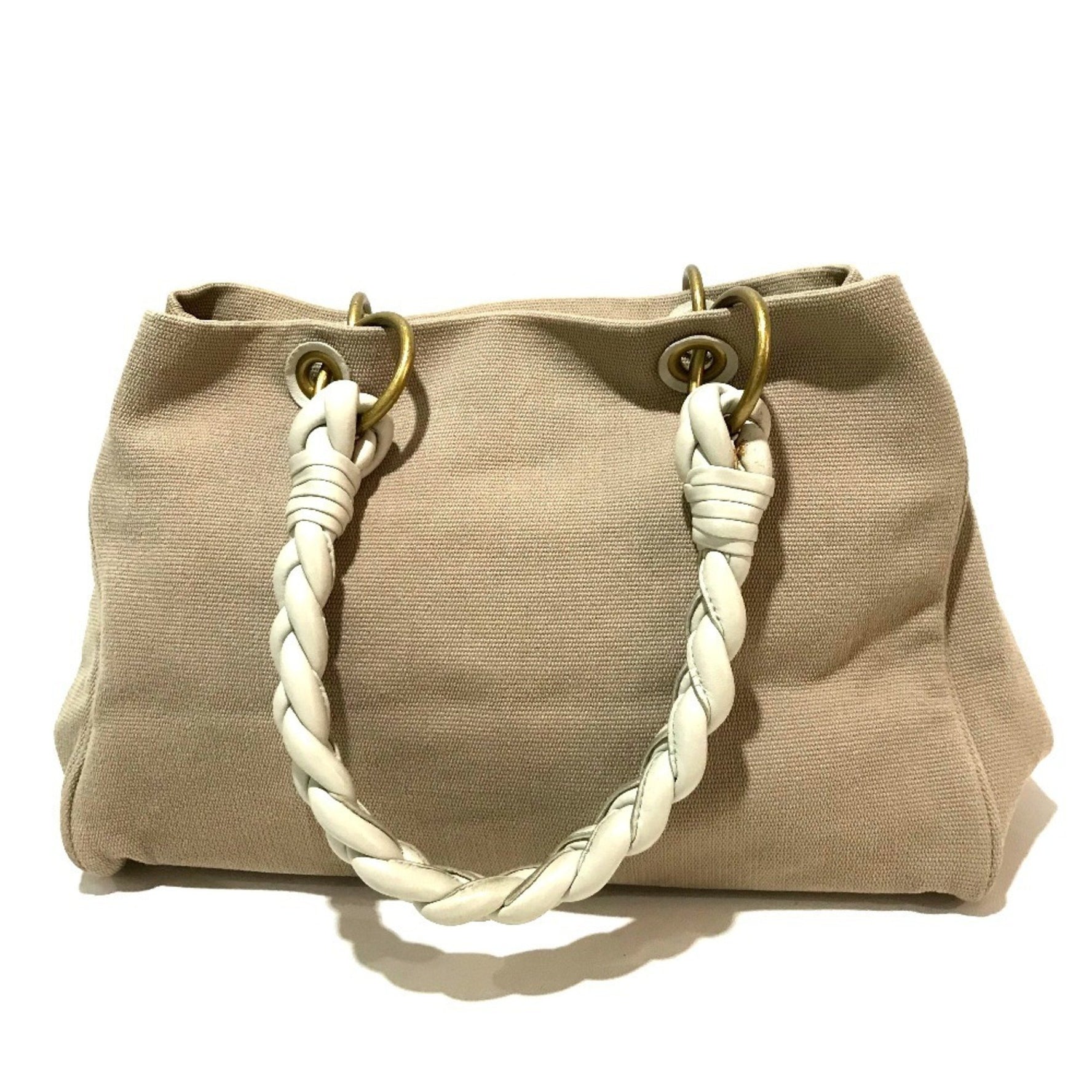 BOTTEGA VENETA Shoulder bag Handle Tote Canvas Leather Beige x Ivory