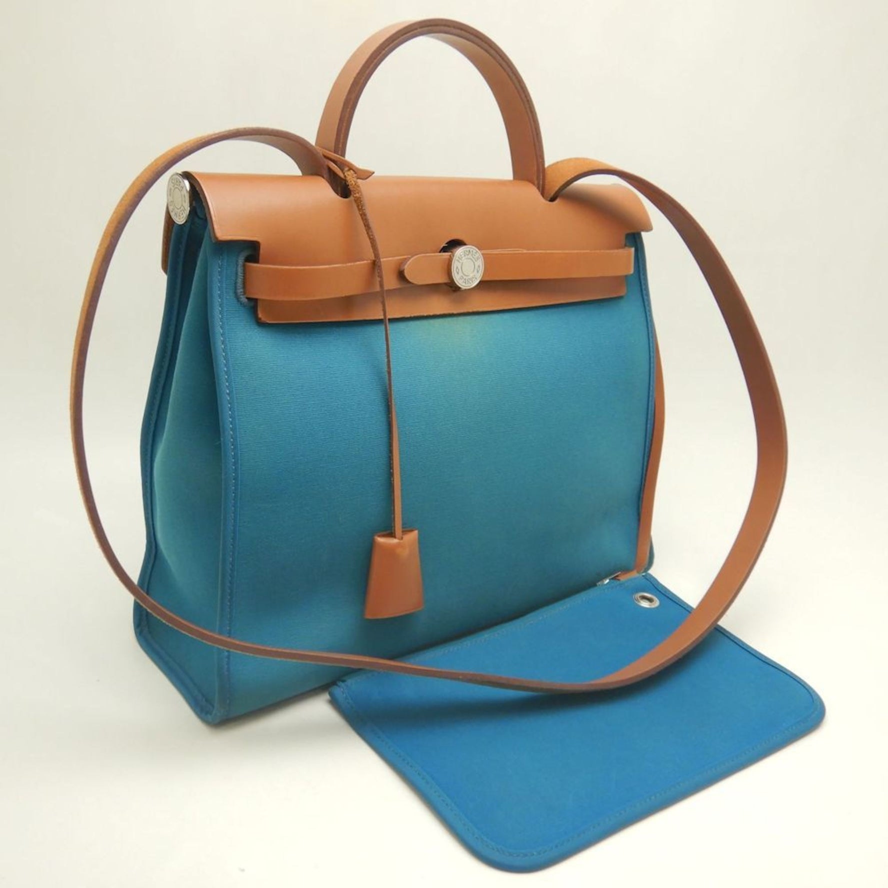 HERMES Hermès Airbag PM Handbag, Toile Officier Leather, Turquoise