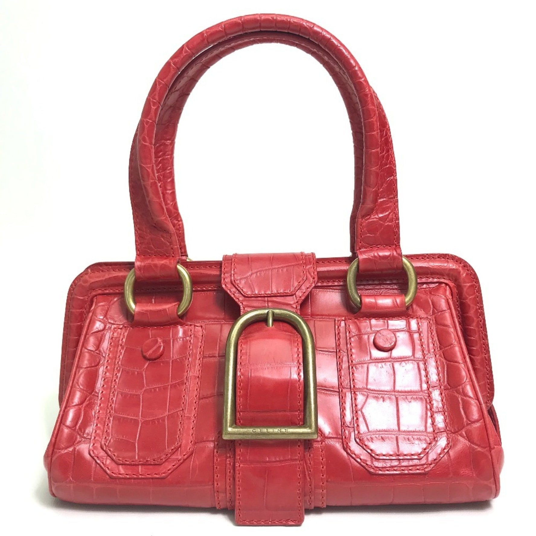 CELINE Belt Embossed Leather Handbag Red