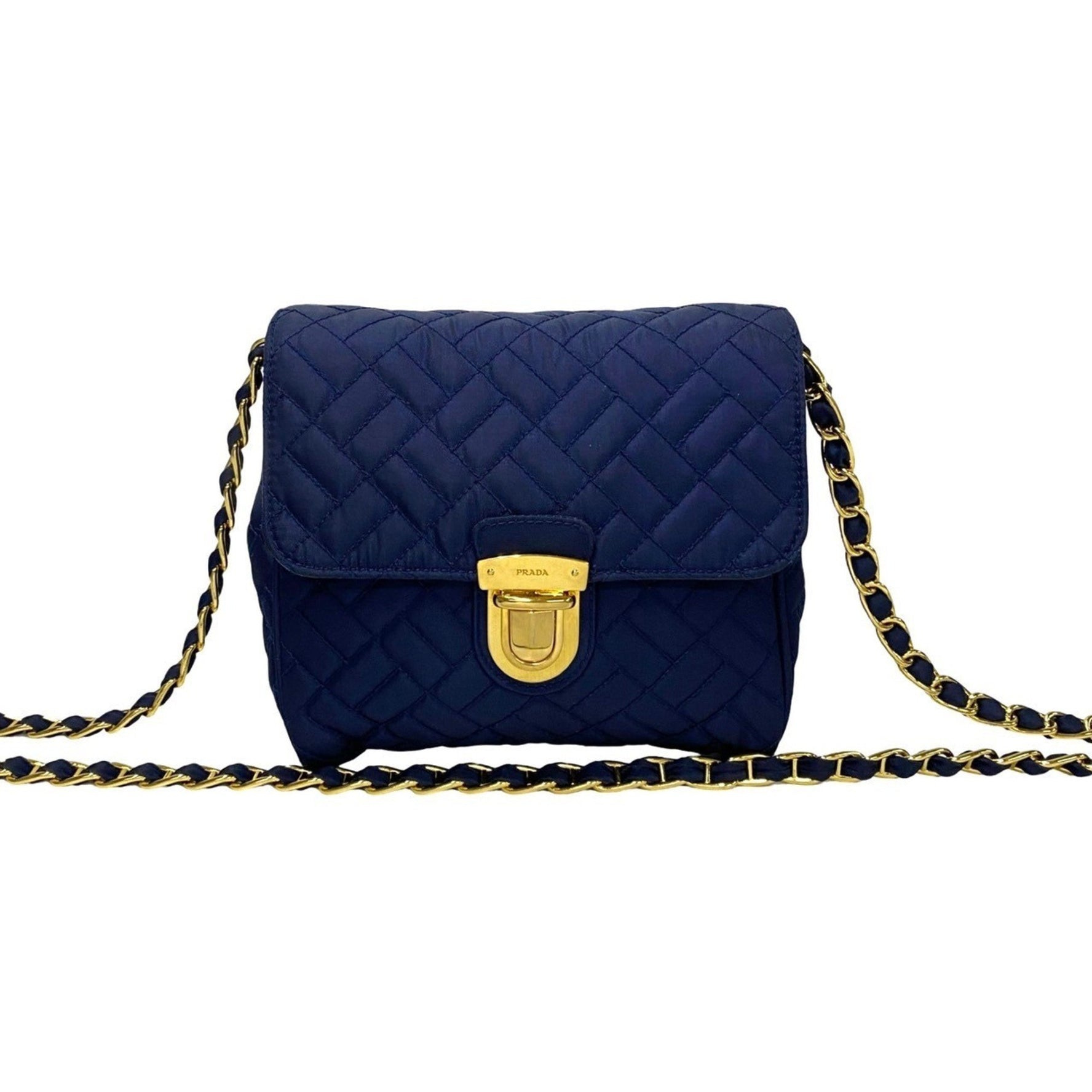 PRADA logo hardware nylon quilted chain mini shoulder bag/sacoche/pouch in blue