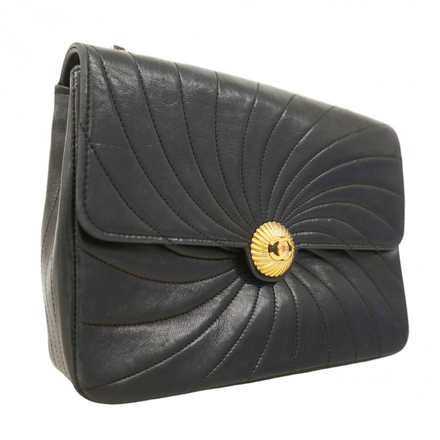 Chanel Shoulder Bag Chain Wave Stitch Lambskin Black Women's
