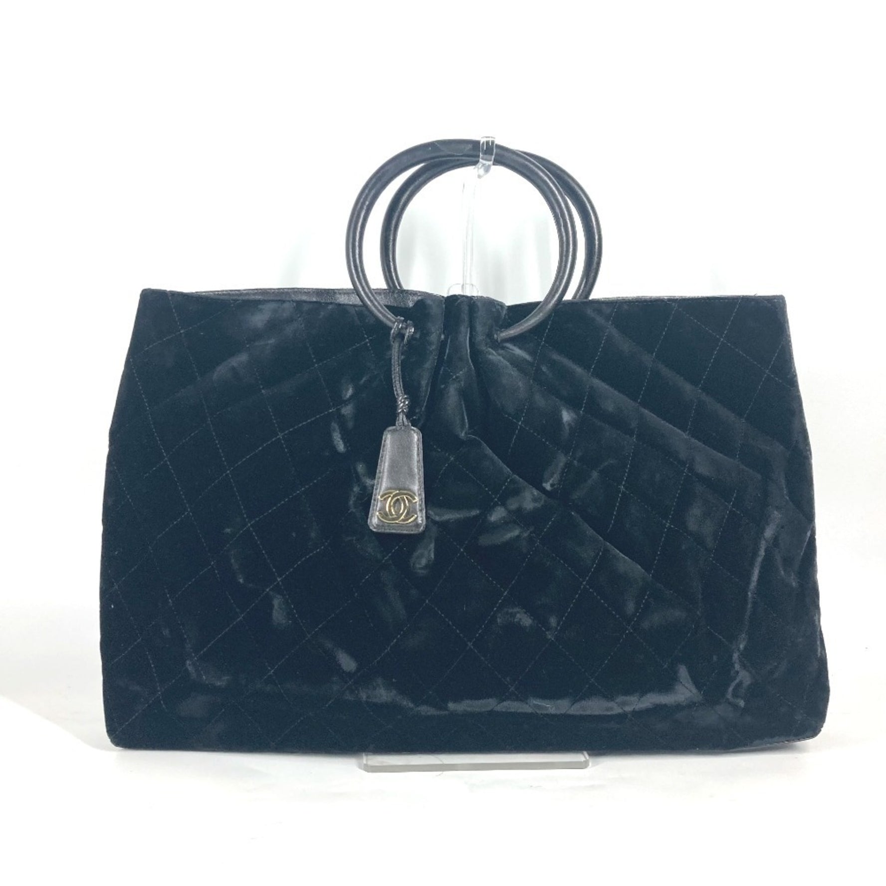 CHANEL Matelasse Quilted Round Handle Leather Bag Tote CC Coco Mark Handbag Velour