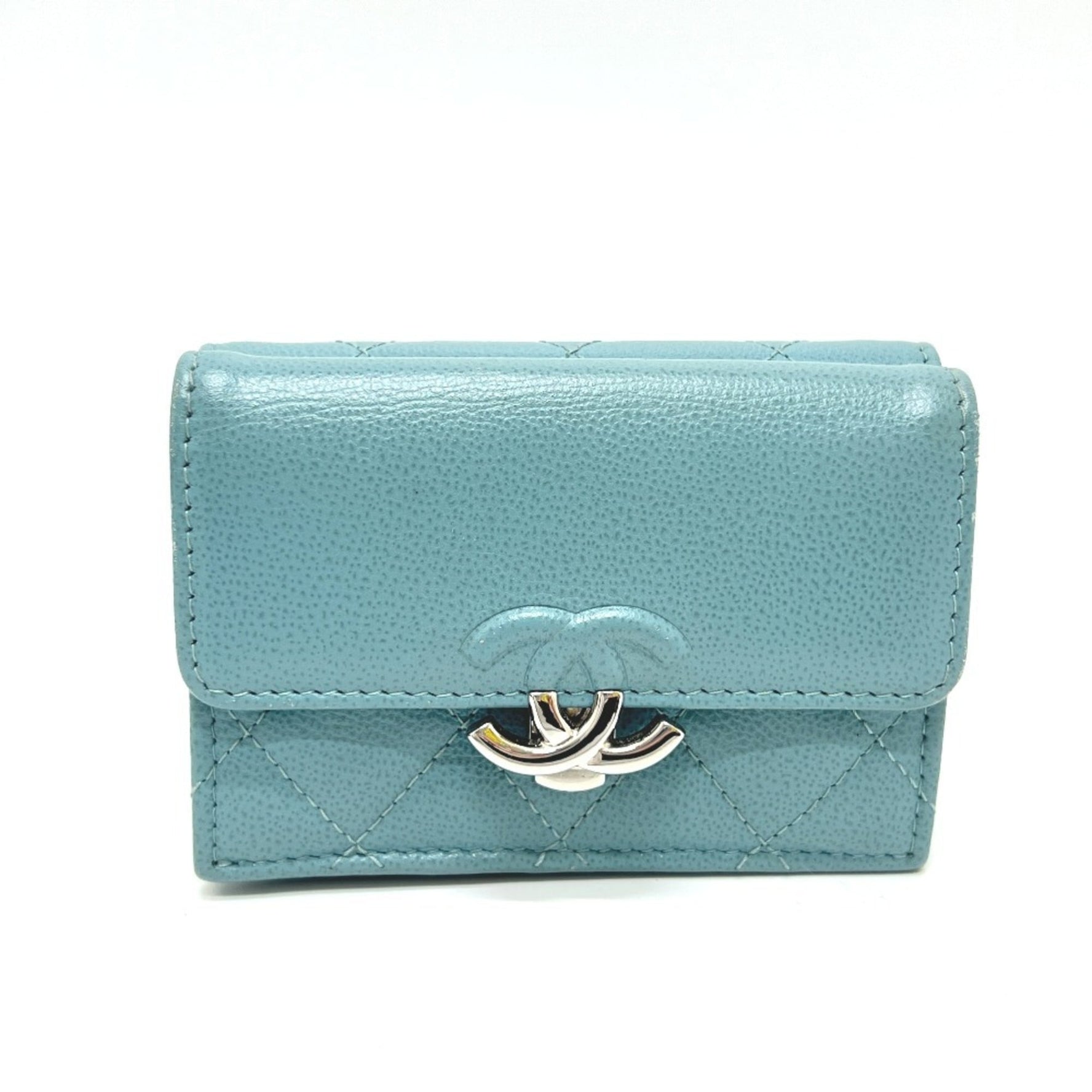 CHANEL Push Lock Half Coco Mark Compact Wallet, Tri-fold Leather Light Blue