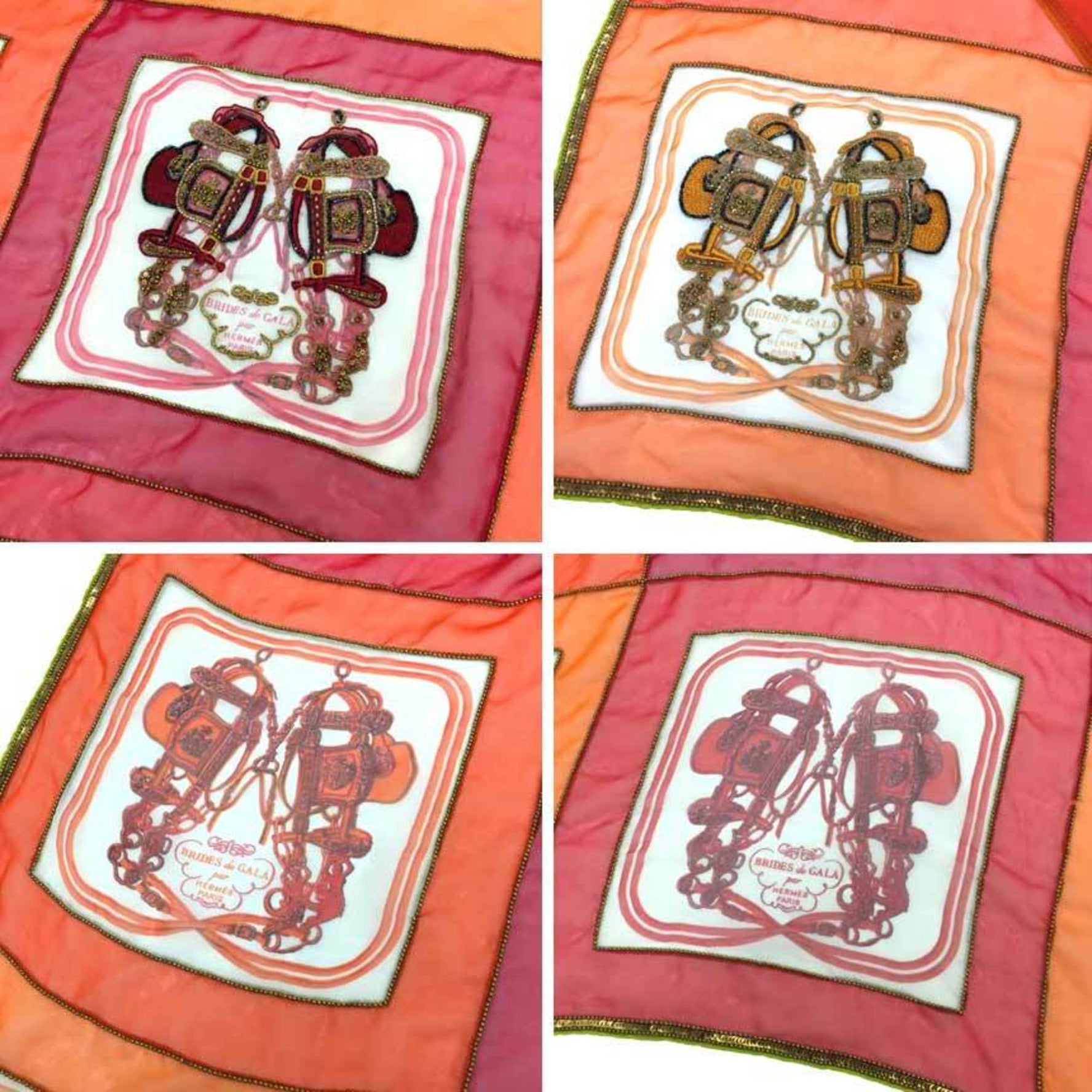 HERMES Hermes Shawl Carre 140 MINI BRIDES DE GALA Beads Embroidery Muslin Chiffon Orange