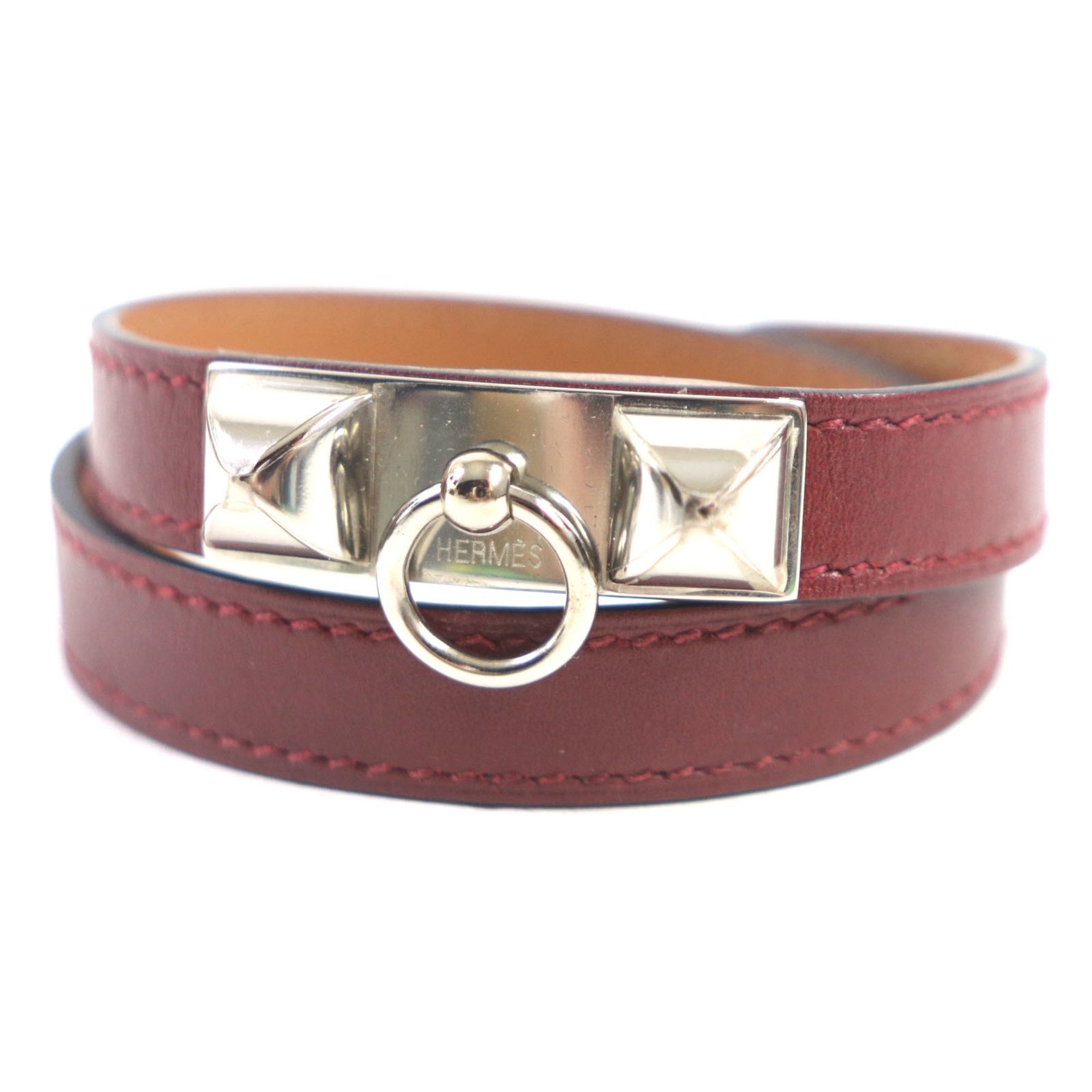 HERMES Collier de Chien Leather Double-Strand Bracelet in Red Brown, Size S, with Silver Hardware, O Stamp, and Dust Bag.