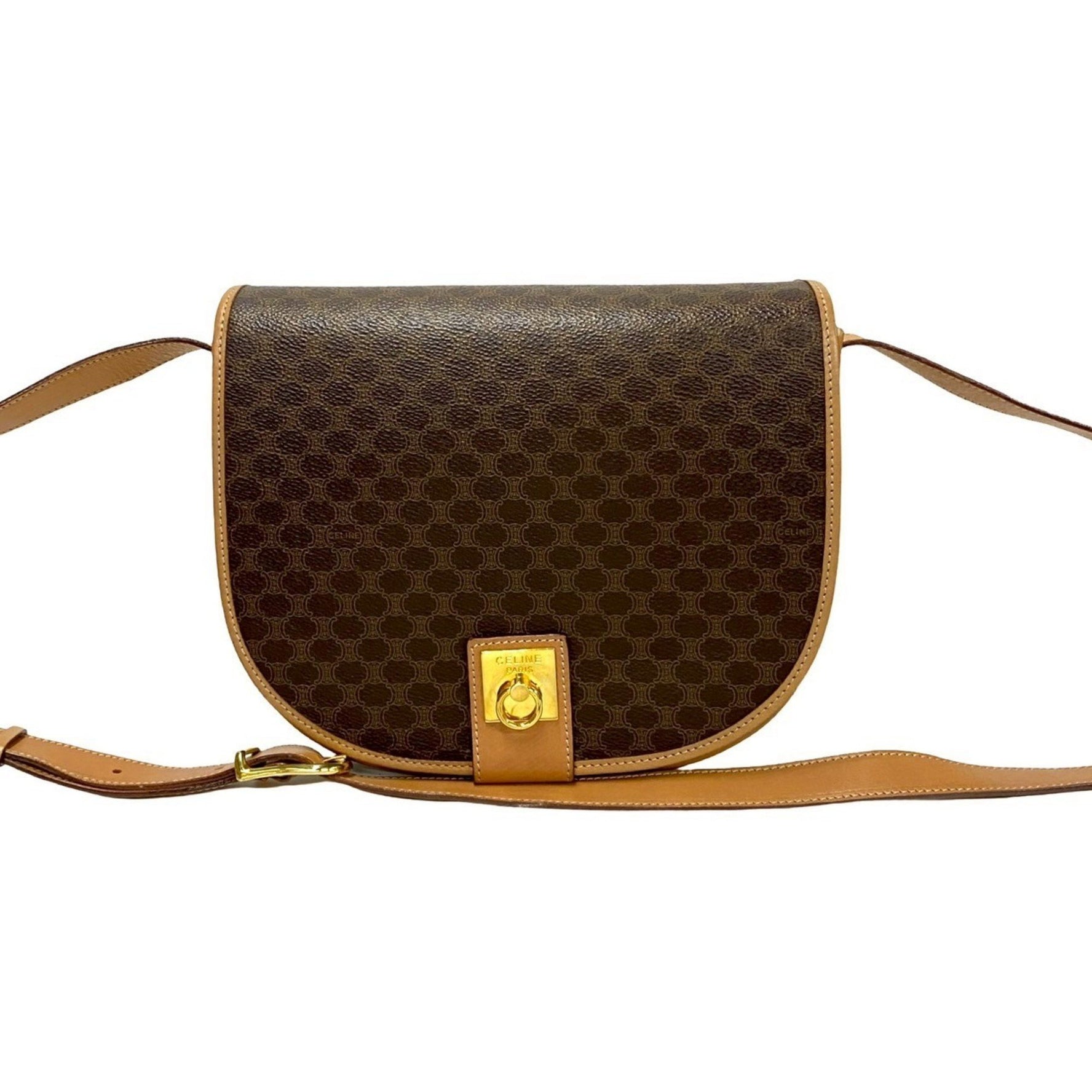 CELINE Vintage Macadam Blason Triomphe Print Leather Shoulder Bag with Ring Hardware