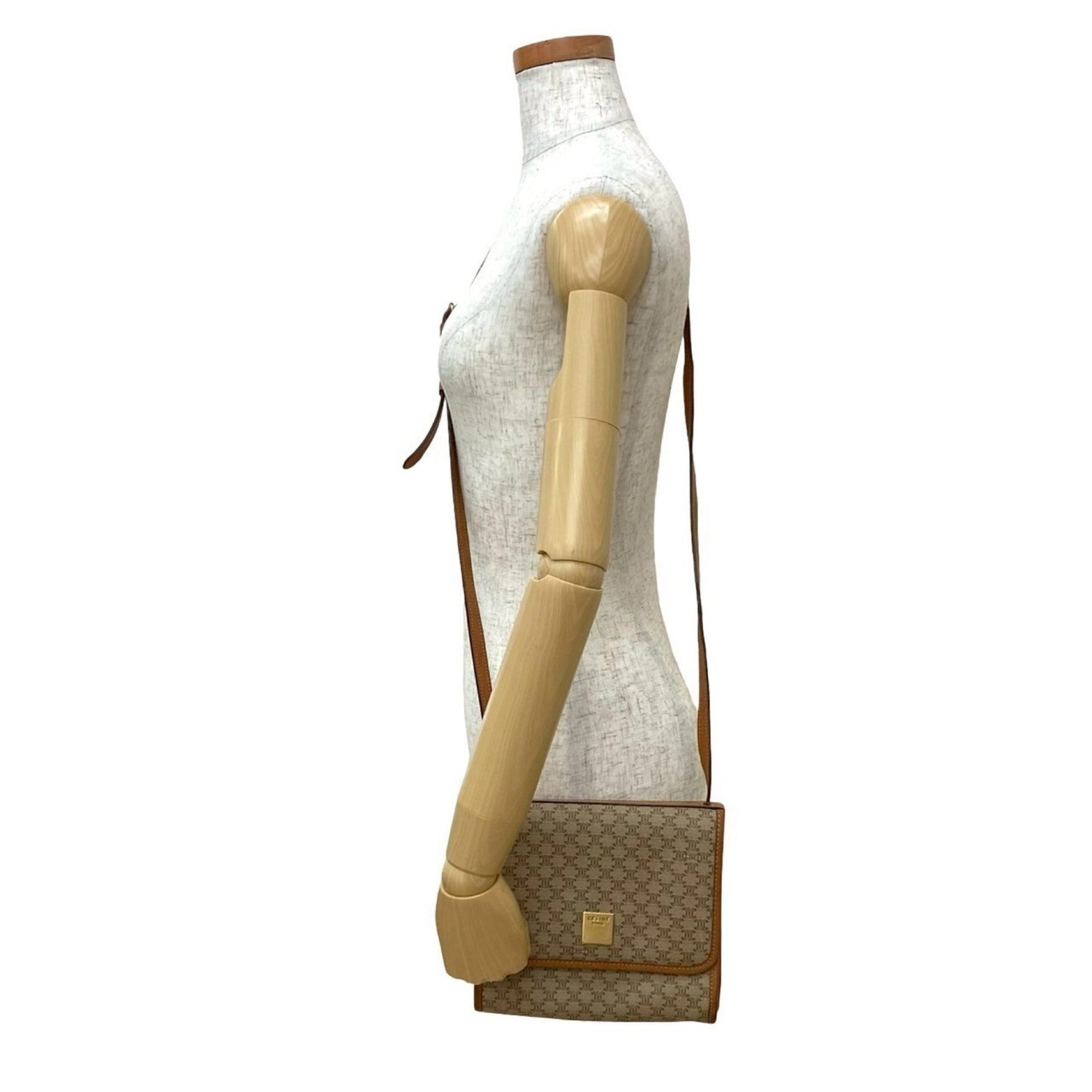 CELINE Macadam Blason Pattern Logo Hardware Reversible Leather Shoulder Bag Beige Brown
