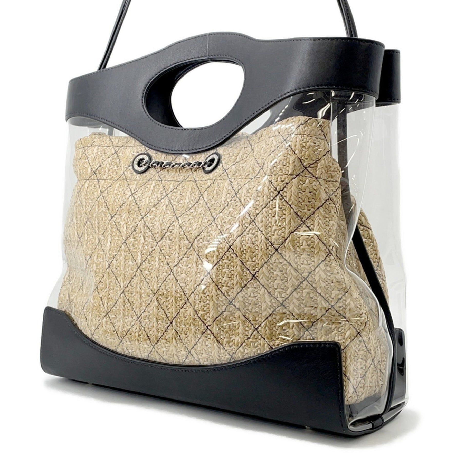 Chanel Matelasse Coco Mark Vinyl Raffia Tote Bag Black