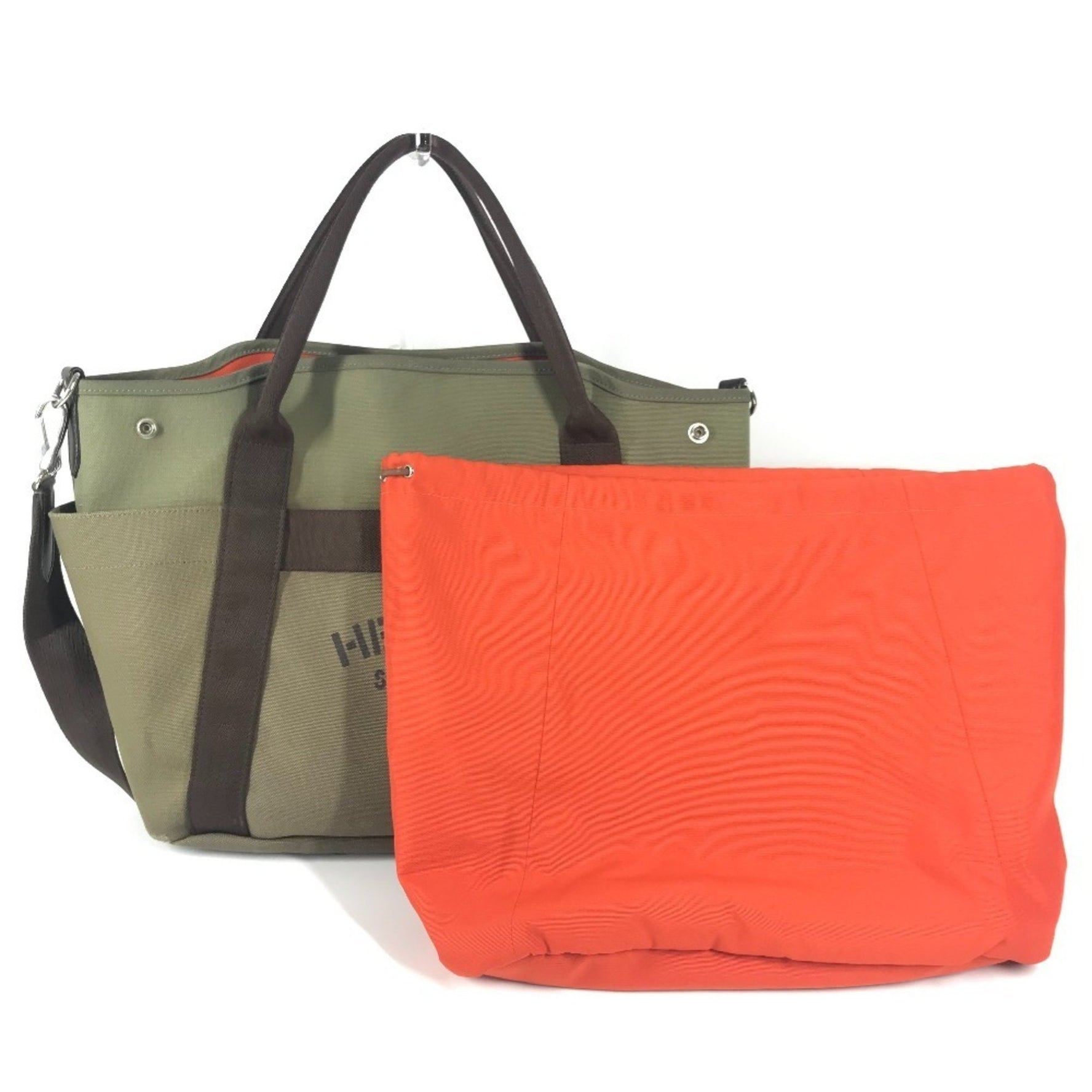 HERMES Sac de Pansage Groom Shoulder Bag Crossbody Tote Leather Canvas Khaki