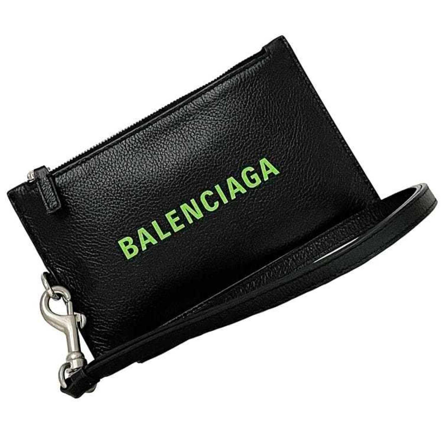Balenciaga Pass Case ec-23506 Black Leather 1063 T BALENCIAGA Card Pouch Coin with Strap for Men and Women