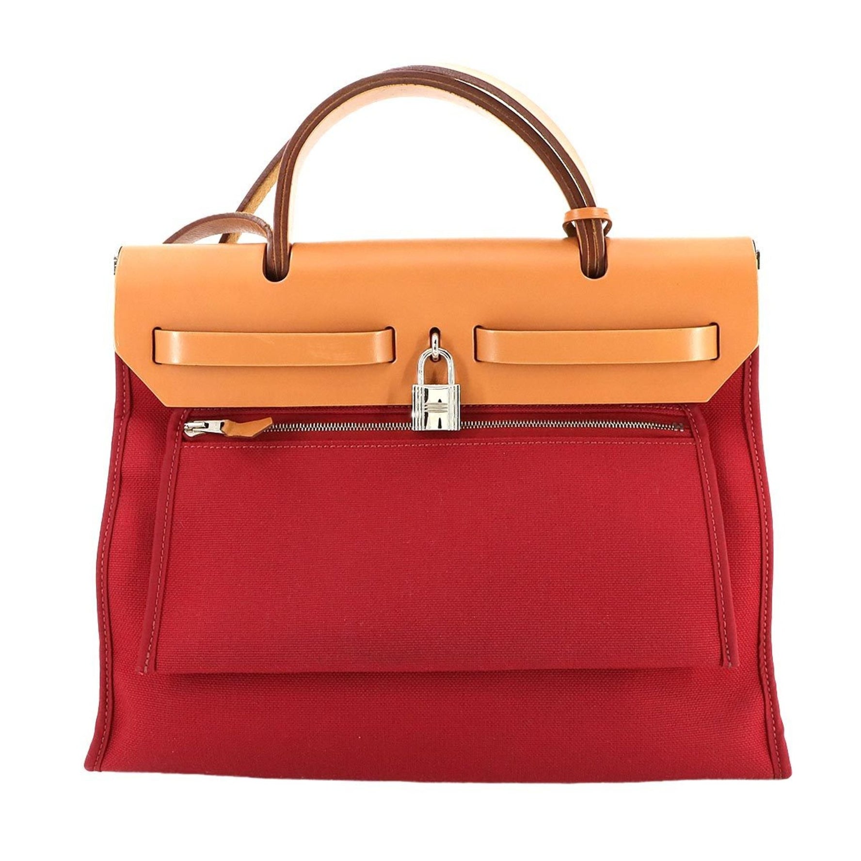 Hermes Hermès Her Bag Zip PM 2-way hand/shoulder bag in Toile, Vache Hunter, Rouge Grenat, and natural with an X stamp.