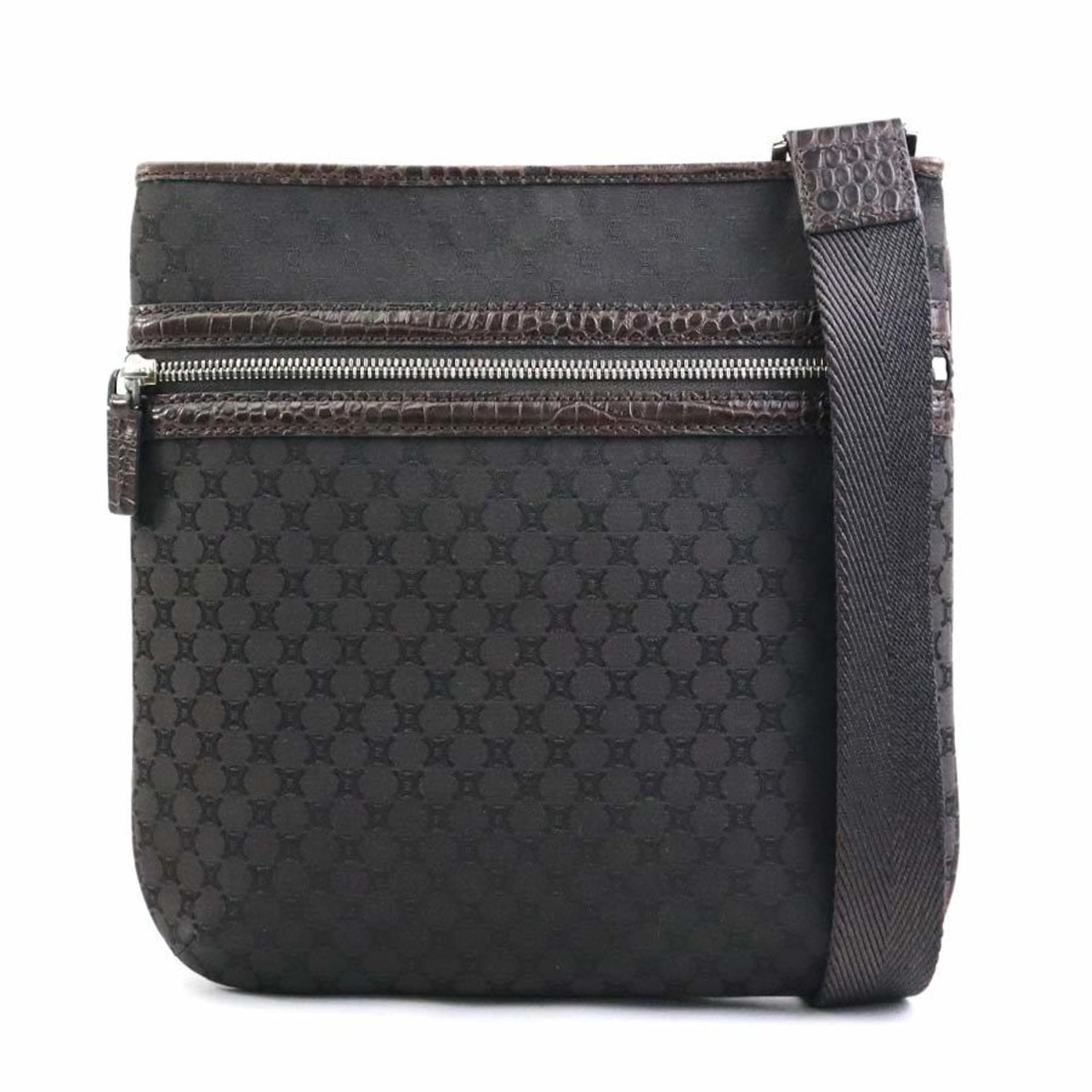 CELINE Shoulder Bag Macadam Canvas Embossed Leather Dark Brown Silver Men's