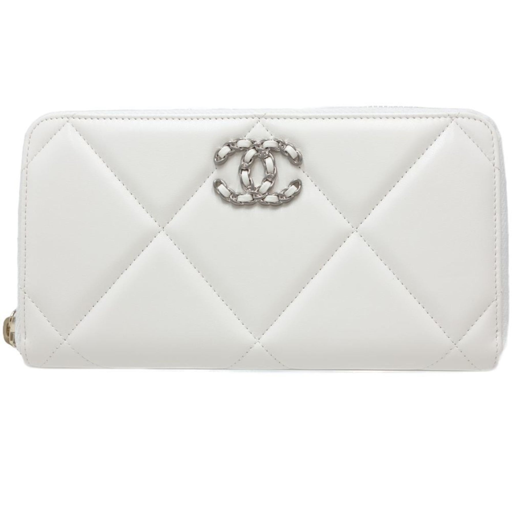 CHANEL 19 Round Zipper Matelasse CC Mark AP1063 Long Wallet Leather White