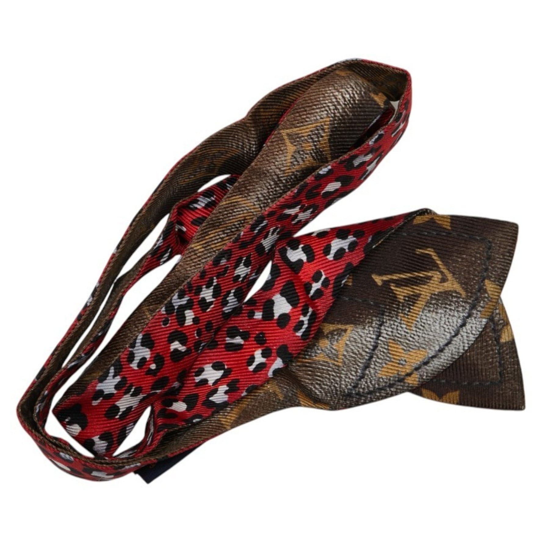 Louis Vuitton Monogram Leopard Bandeau Scarf Brown and Red Silk