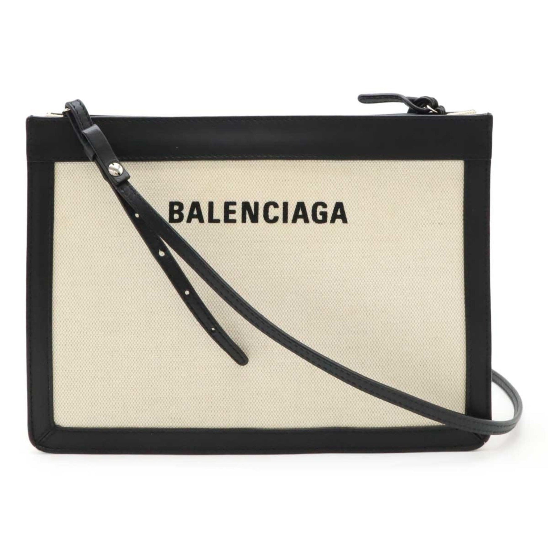 BALENCIAGA Navy Pochette Shoulder Bag Clutch Canvas Leather Natural Black