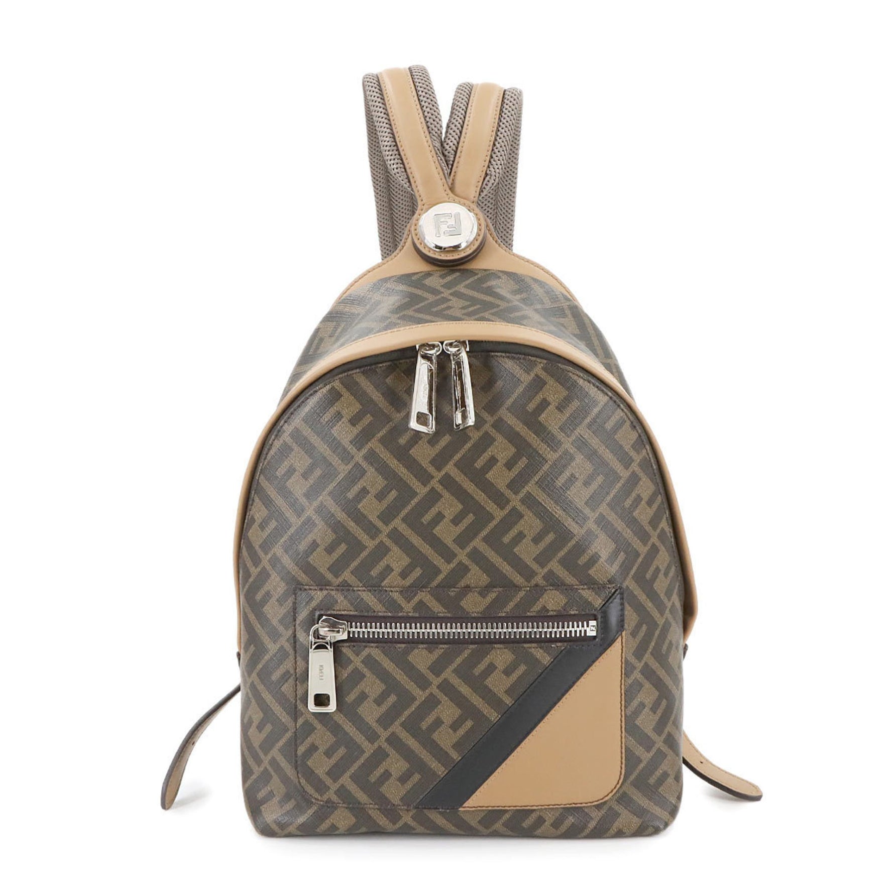 FENDI Diagonal Chiodo Small Backpack, Brown Leather with Silver Hardware, 7VZ077