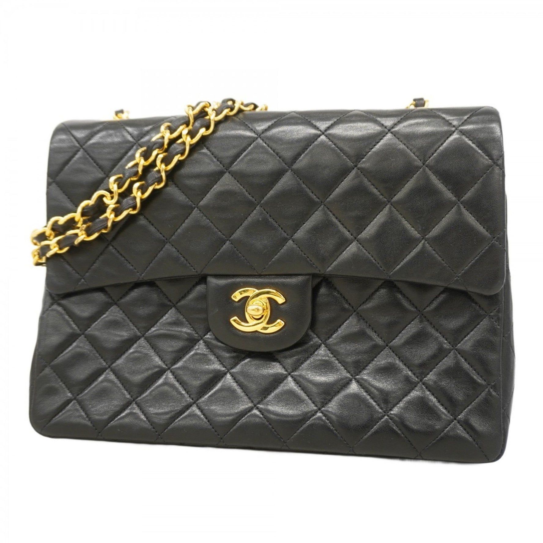 Chanel Matelasse Shoulder Bag with Double Flap and Chain, Lambskin, Black, Women's