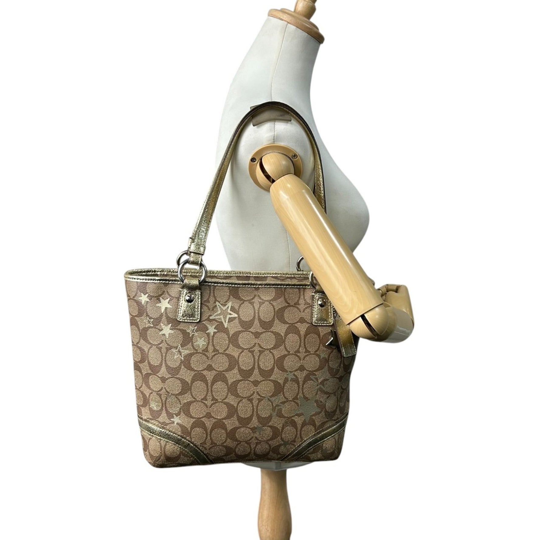 COACH Tote Bag Signature Star Pattern Leather and Gold Size Holder Shoulder Strap with Charm Included (Size