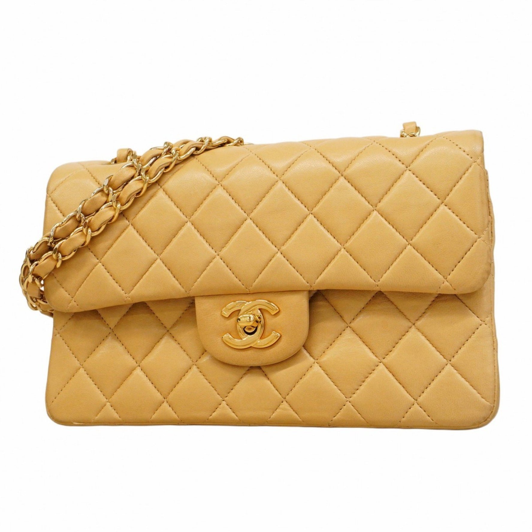 Chanel Matelasse Shoulder Bag with Double Flap and Chain, Lambskin, Beige, Women's