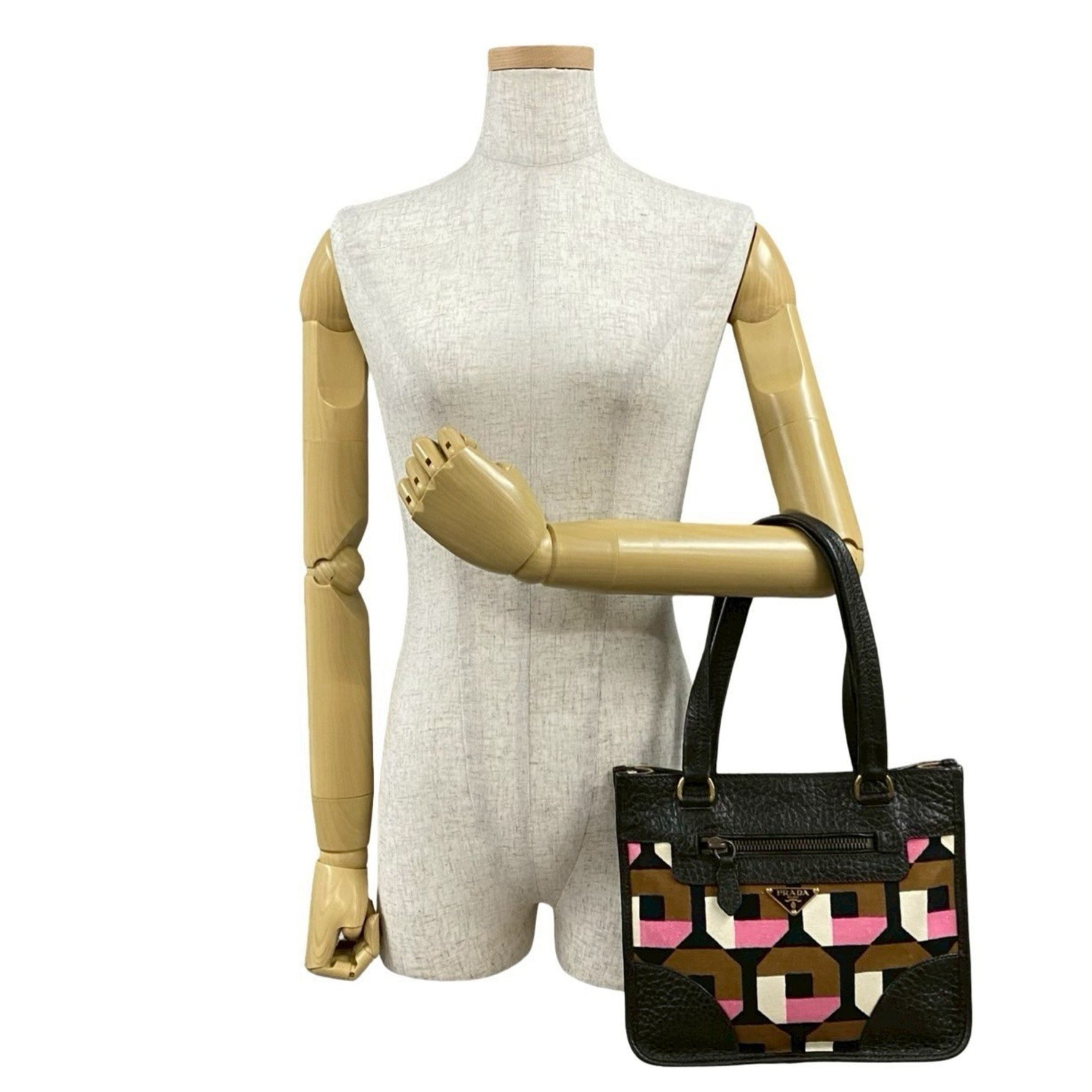 PRADA Triangle Logo Hardware Leather Genuine Canvas Handbag Mini Tote Bag Brown Multicolor