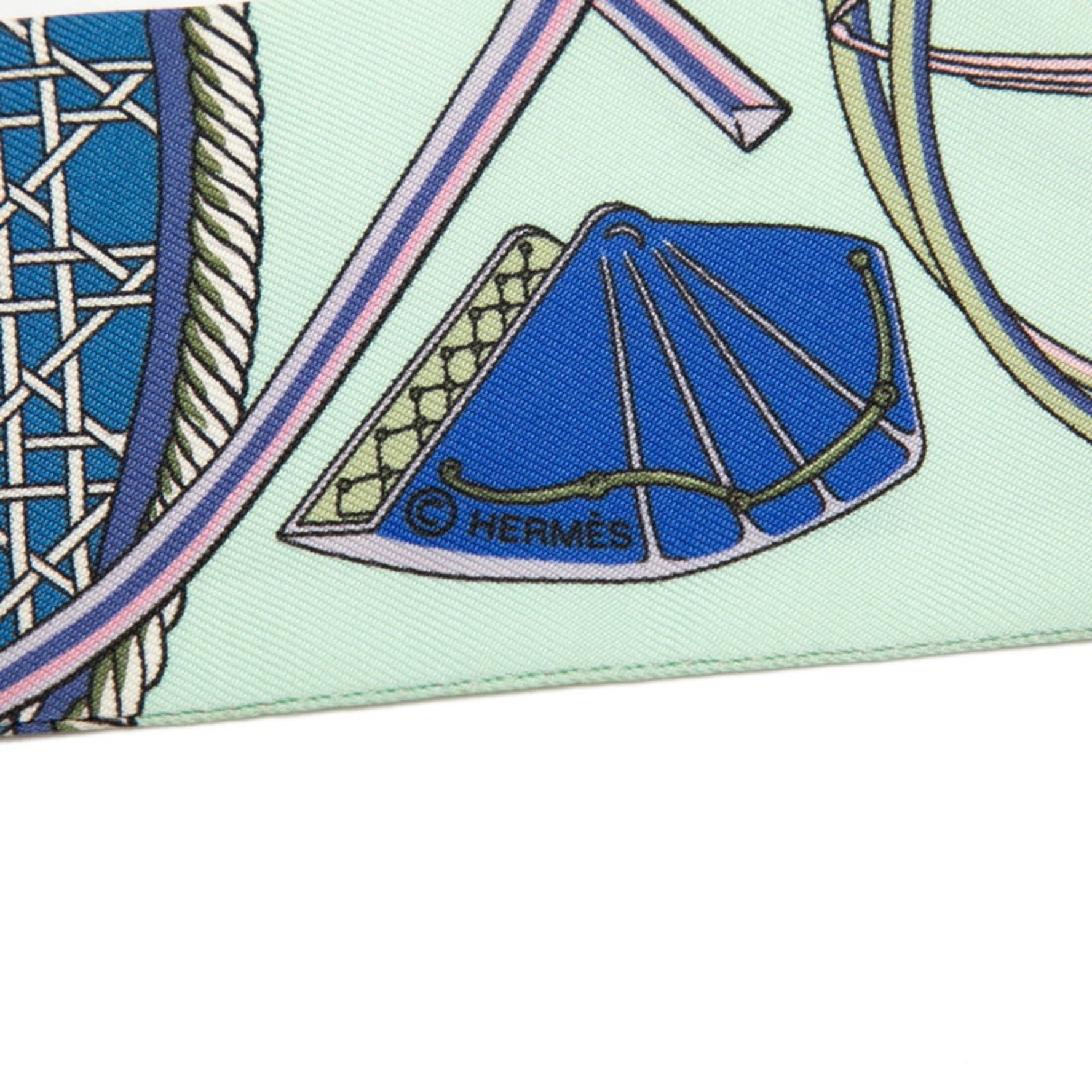 Hermès Twilly "Les Voitures a Transformation" Folding Carriage Scarf, Green Multicolor Silk, HERMES