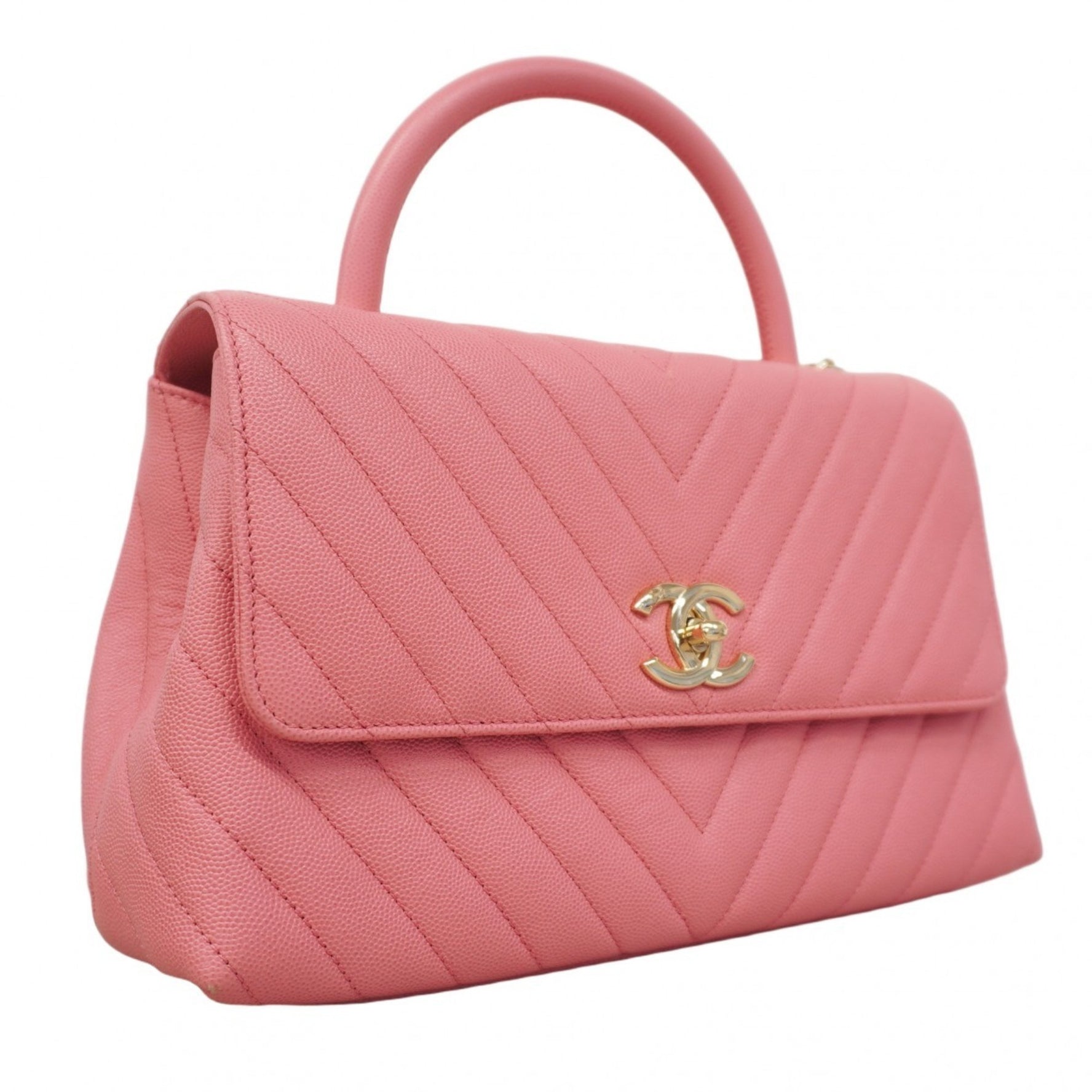 Chanel handbag, V-stitch, Coco handle, caviar skin, pink champagne, women's