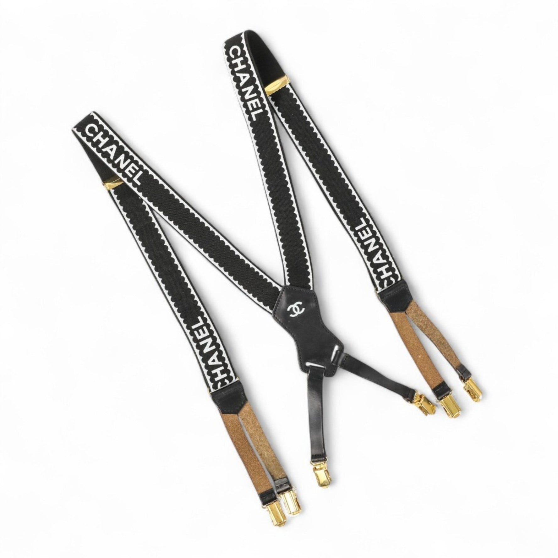 CHANEL Vintage Canvas Leather Coco Mark Suspenders Gold Hardware