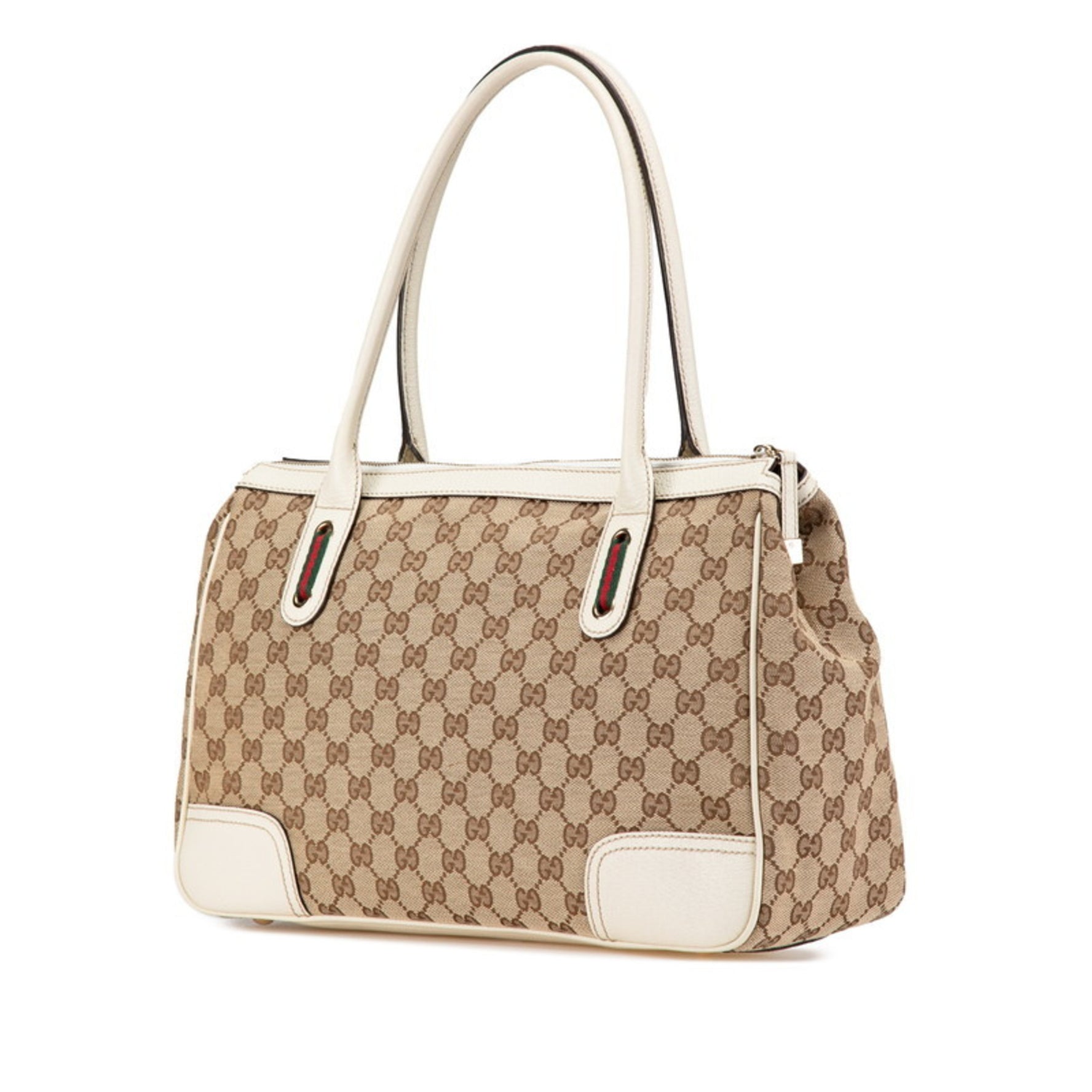 Gucci GG Canvas Princess Sherry Line Ribbon Handbag Tote Bag White Brown Leather