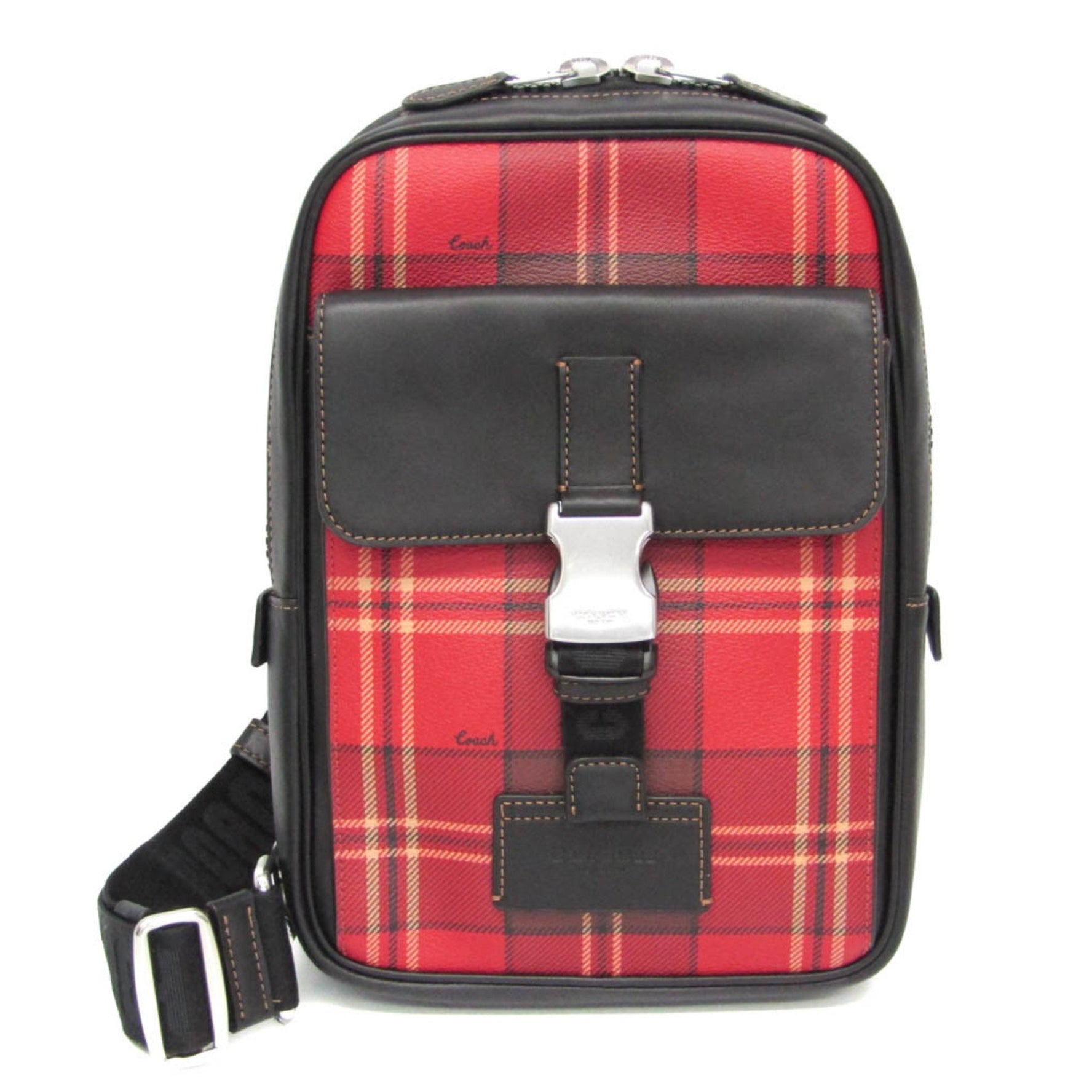 Coach Track Pack With Tartan Plaid Print Leather,PVC Sling Bag Black,Red Color