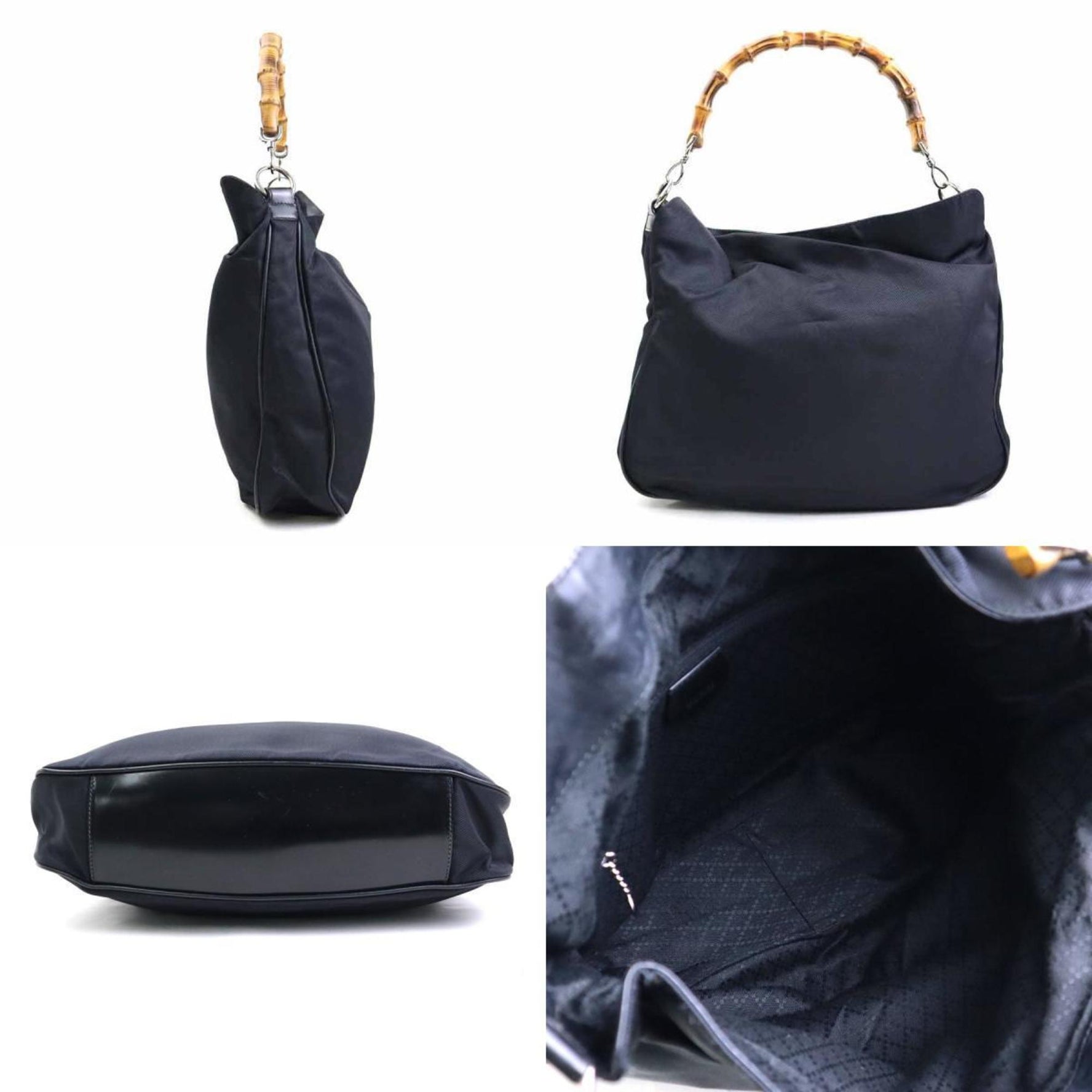 Gucci Shoulder Bag Bamboo Nylon Canvas Leather Silver