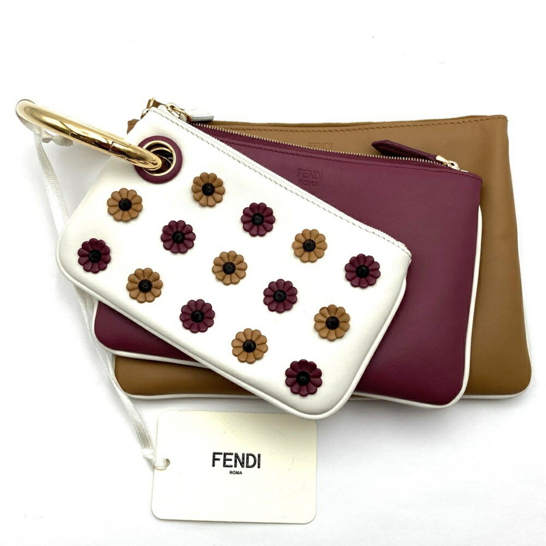 FENDI Triplet Clutch Bag in Leather with Flowers, White/Red/Brown