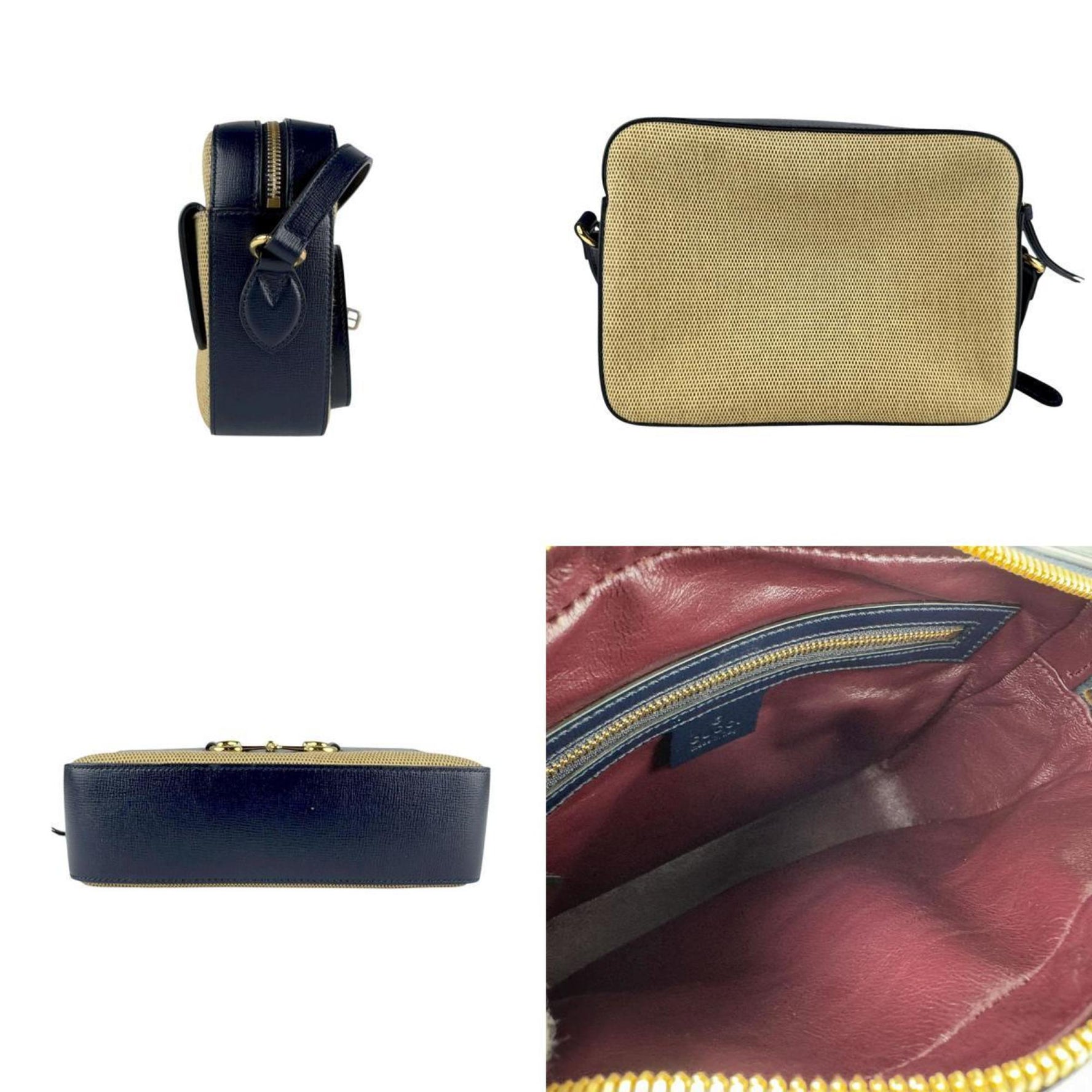 Gucci Horsebit Shoulder Bag in Canvas and Leather, Beige Brown, Navy, Gold