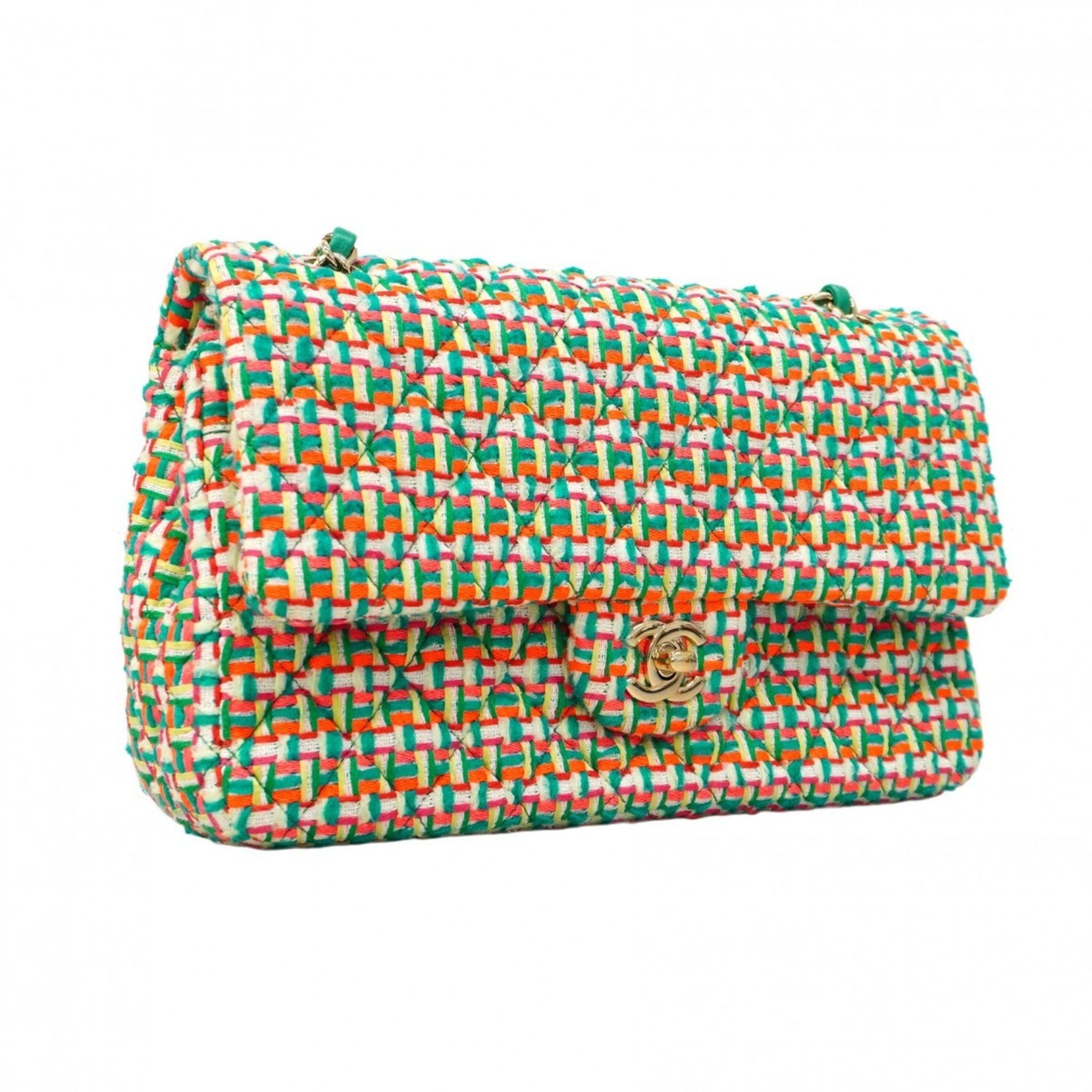 Chanel Matelasse Shoulder Bag with Double Flap and Chain, Tweed, Green, Champagne, Women's