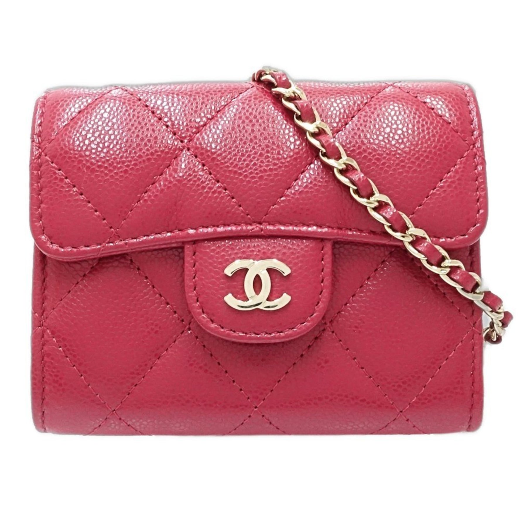 CHANEL Wallet Chain Classic Small Matelasse Caviar Leather Red