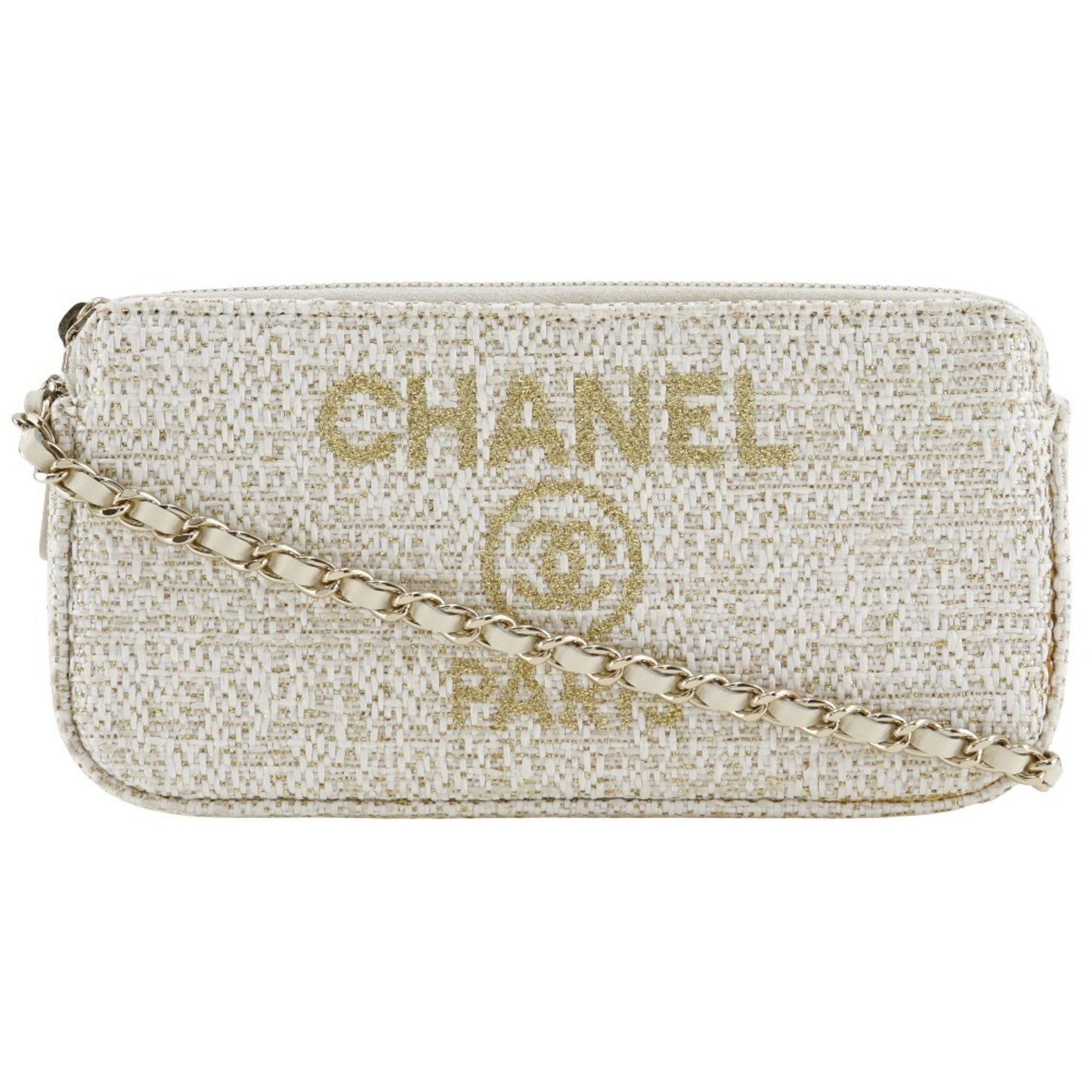 CHANEL Deauville Chain Shoulder Bag Clutch A84415 Tweed White 2way ChainShoulder Women's