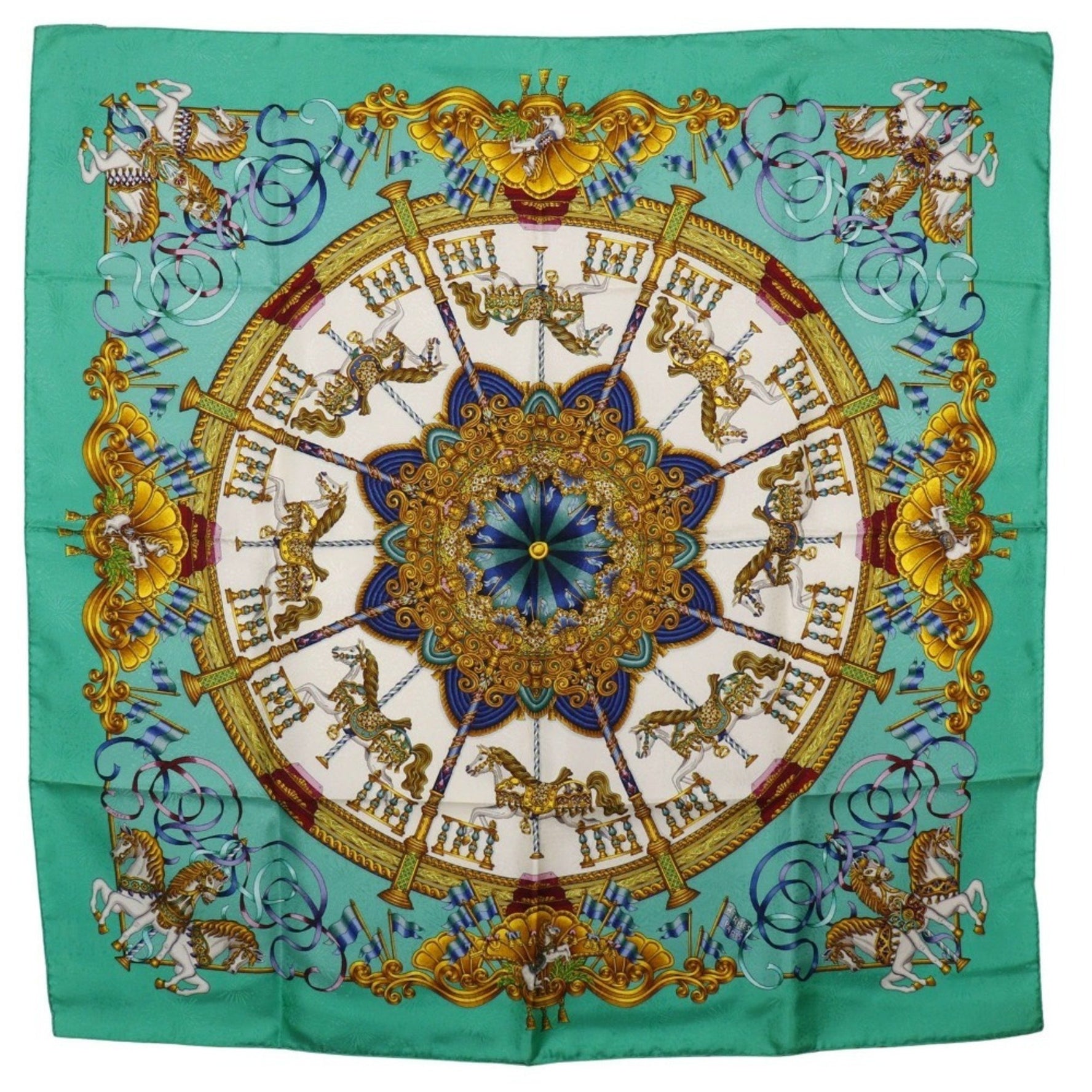 Hermes Carree90 Scarf Muffler LUNA PARK Amusement Park Merry-go-round Silk Green Women's