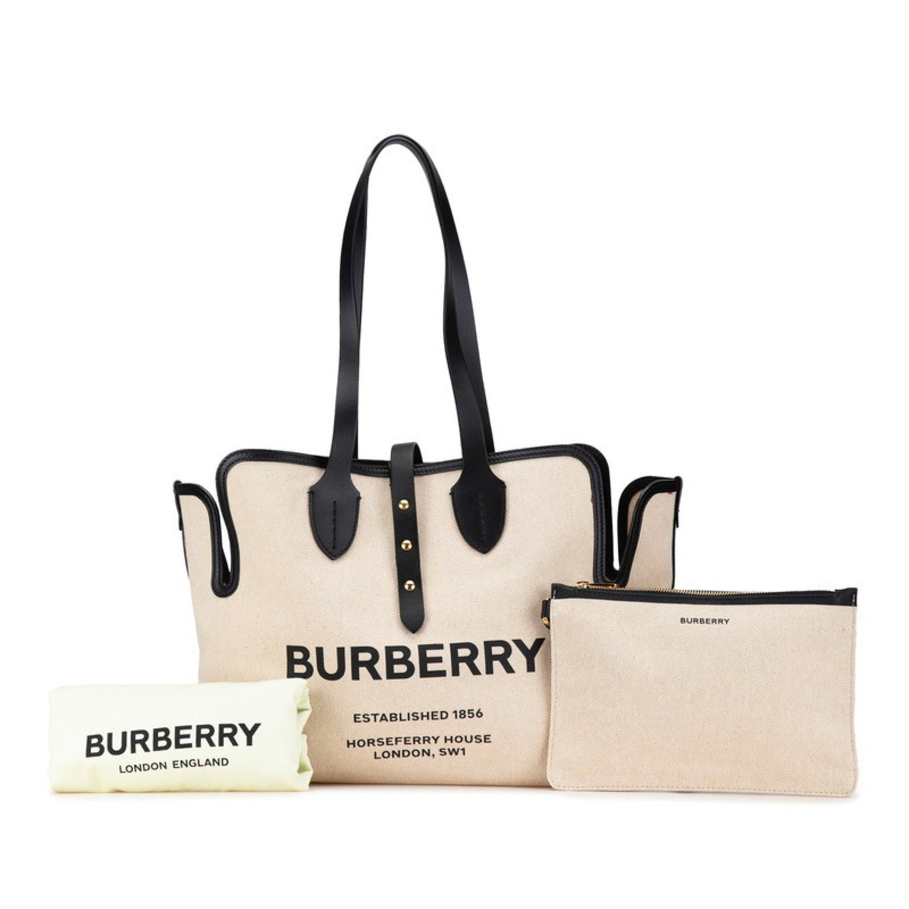 Burberry Tote Bag Shoulder Natural Black Canvas Leather Women's BURBERRY