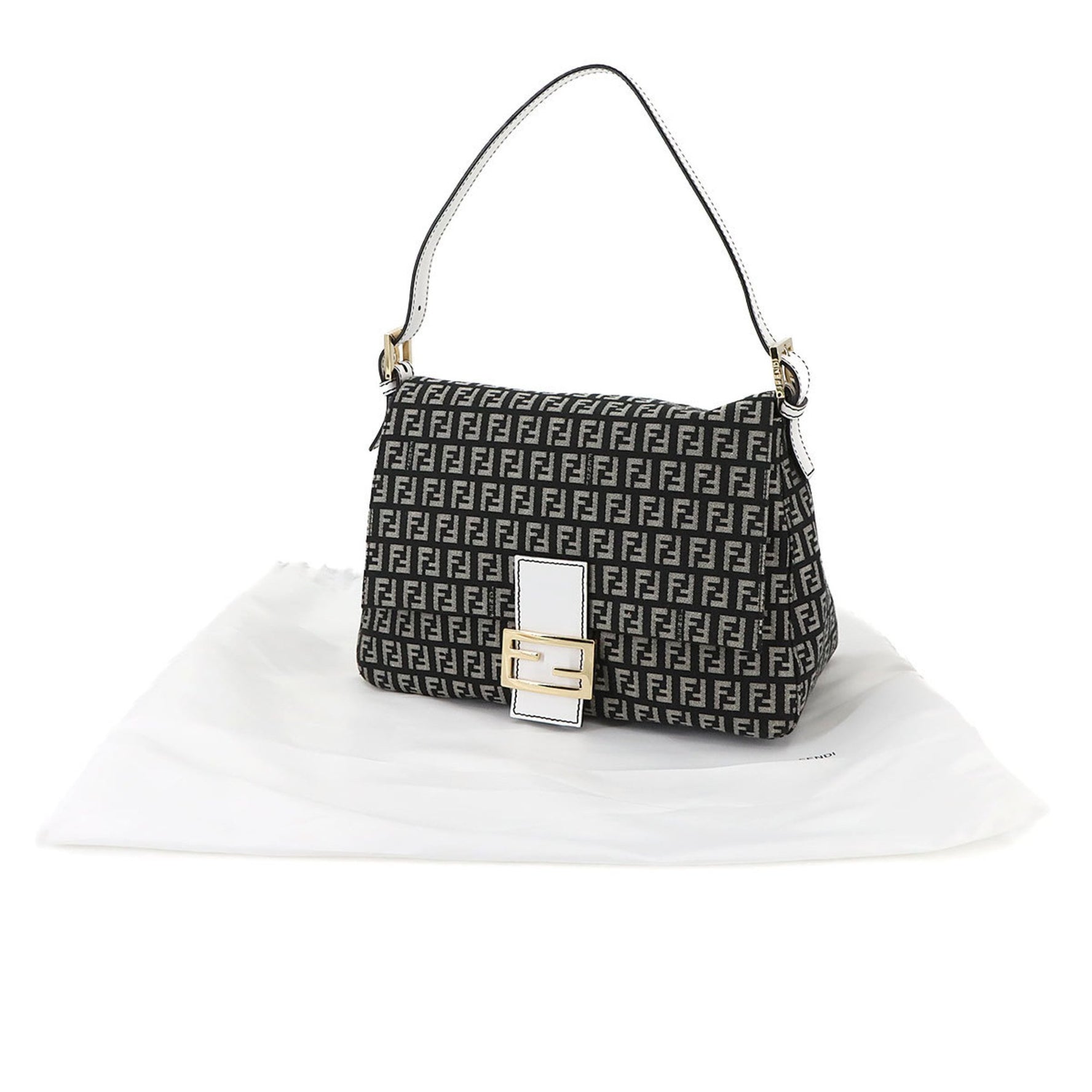 Fendi Zucchino Mamma Baguette Shoulder Bag in Canvas and Leather, Black White with Gold Hardware