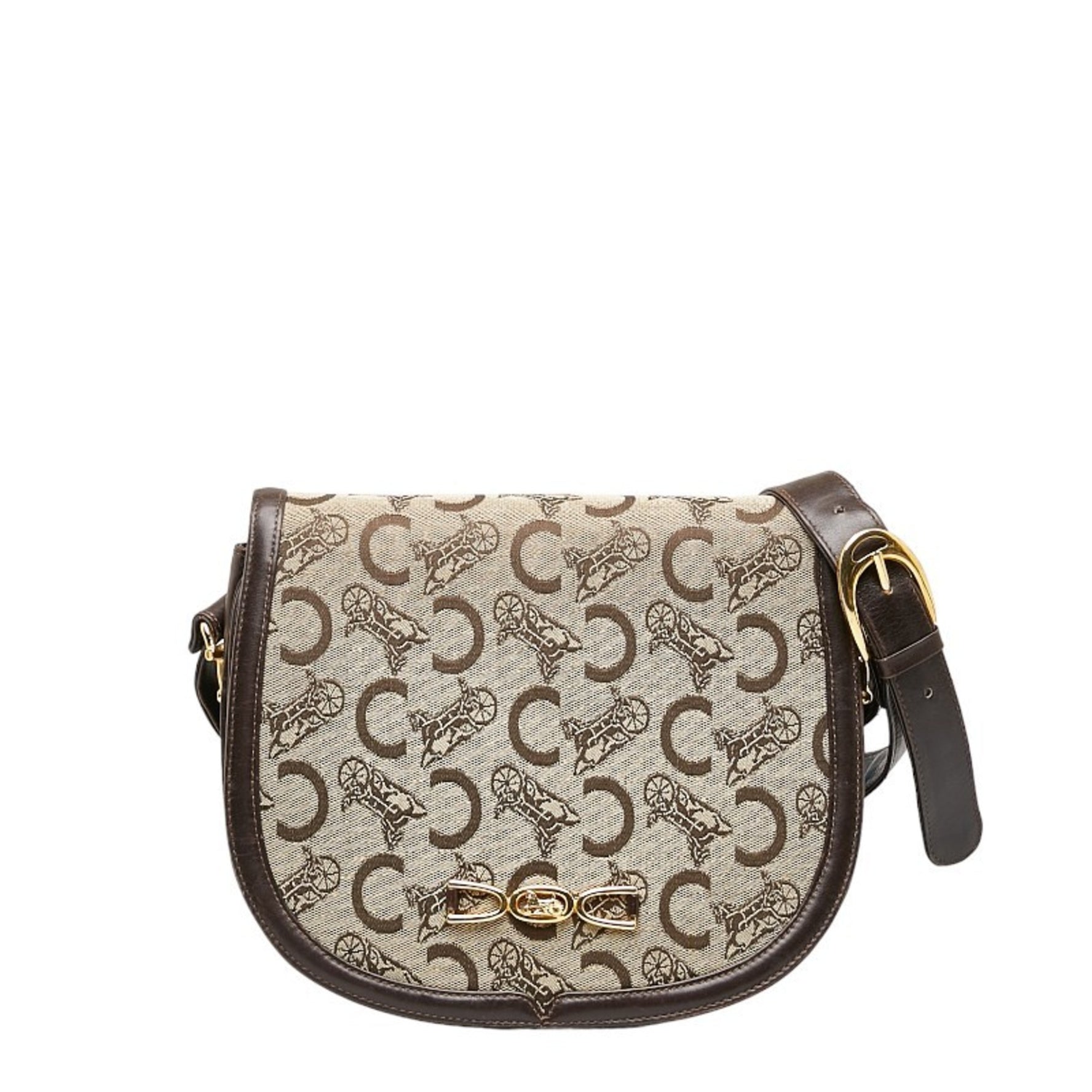 Celine C Macadam Shoulder Bag Beige Brown Canvas Leather