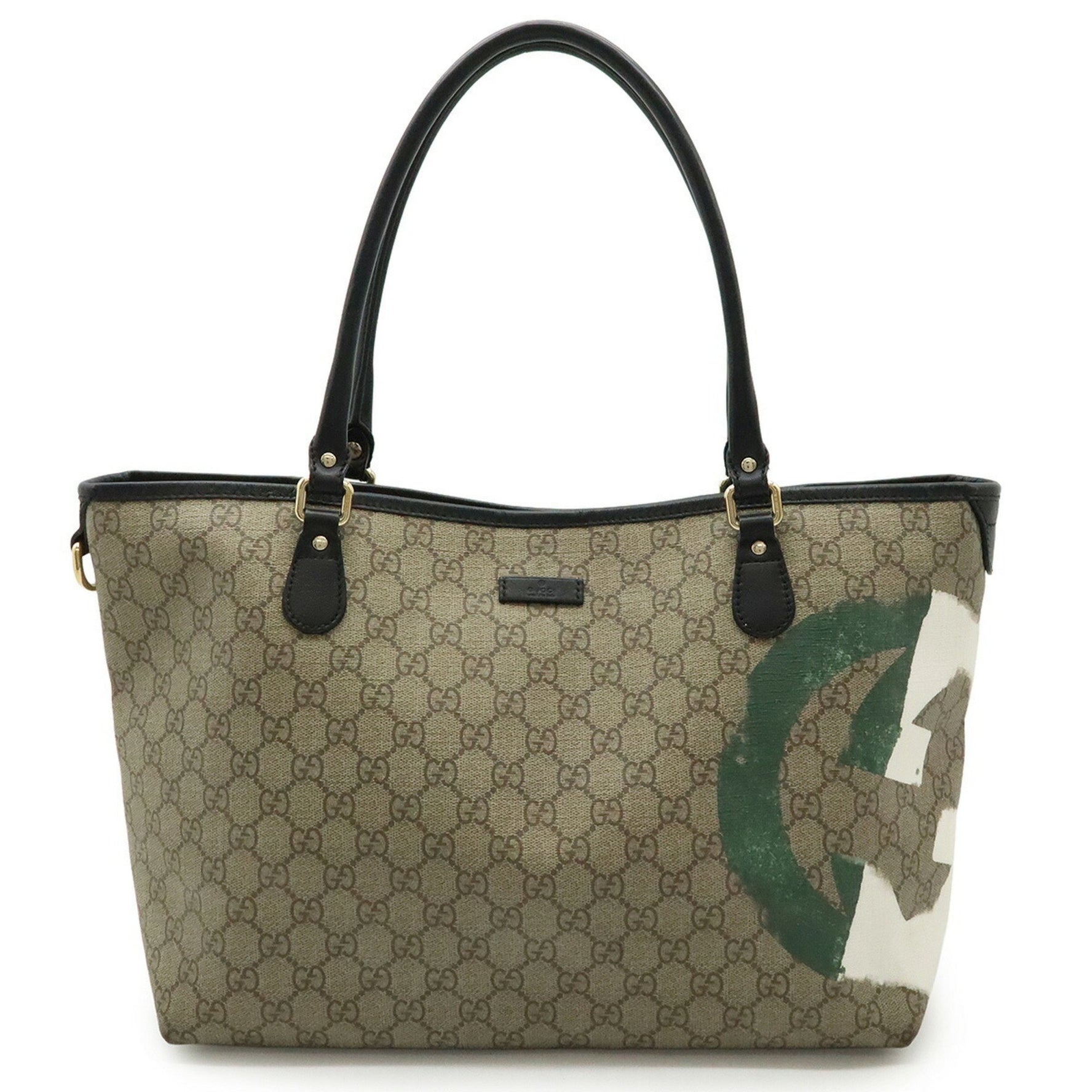 GUCCI GG Supreme Interlocking G Tote Bag Shoulder PVC Leather Beige Black