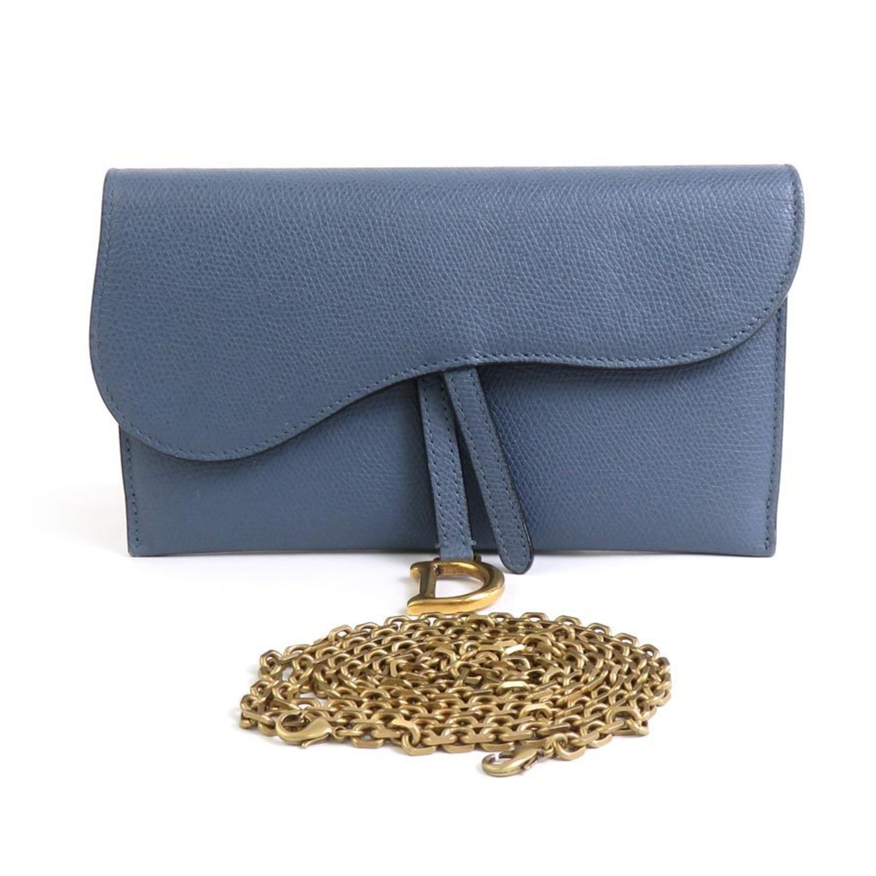 Christian Dior Wallet Chain Long Saddle Leather Dark Blue Gold