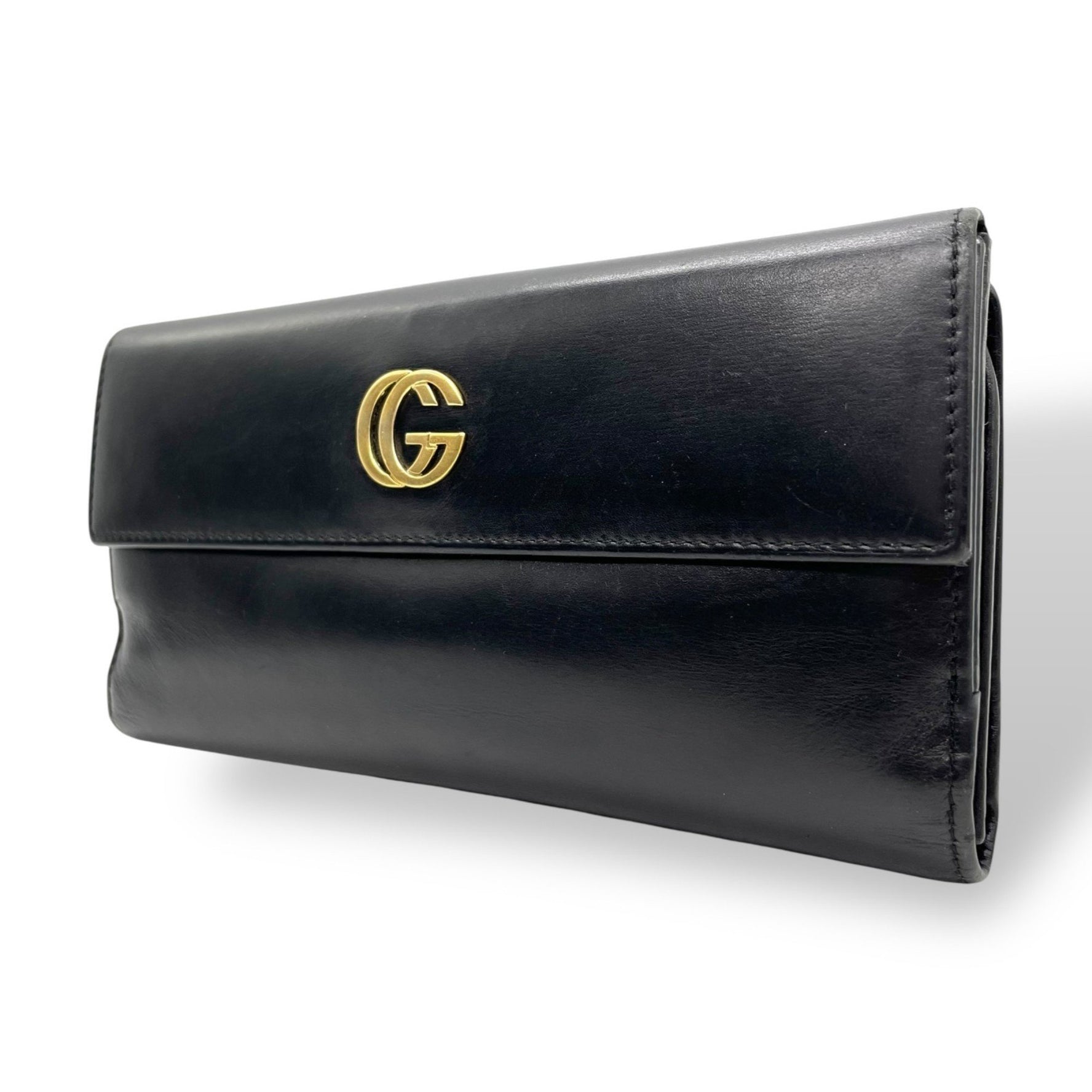 GUCCI GG Marmont Long Wallet with Double G Closure, Leather, Gold Hardware
