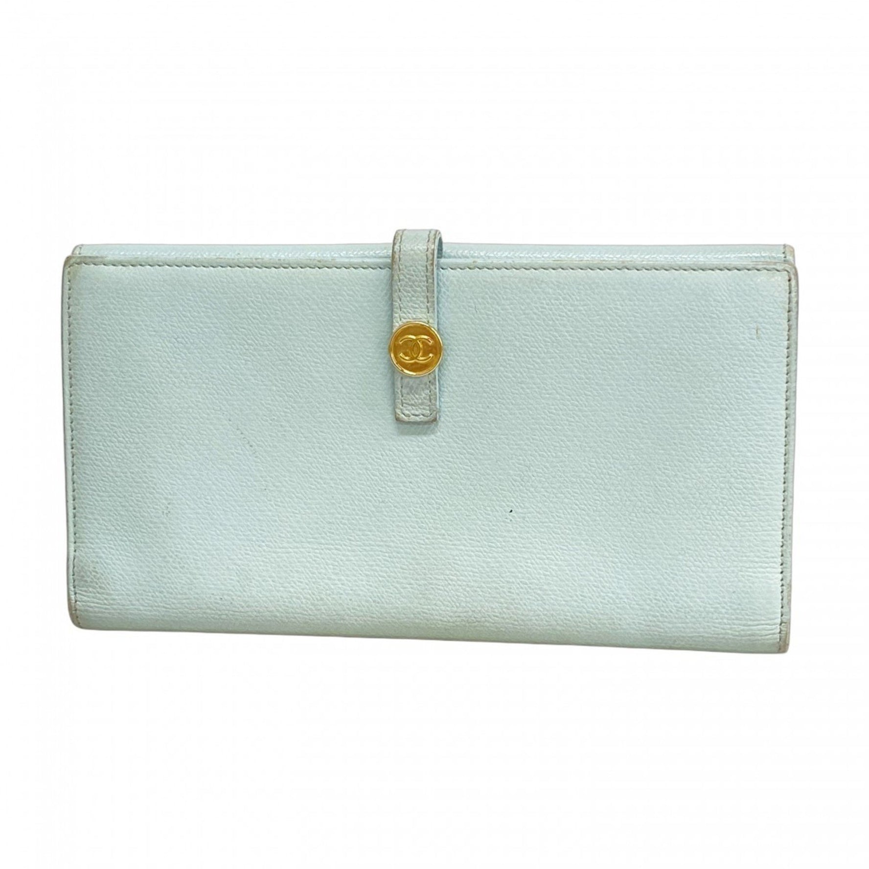 Chanel Coco Button Leather Long Wallet Blue Women's