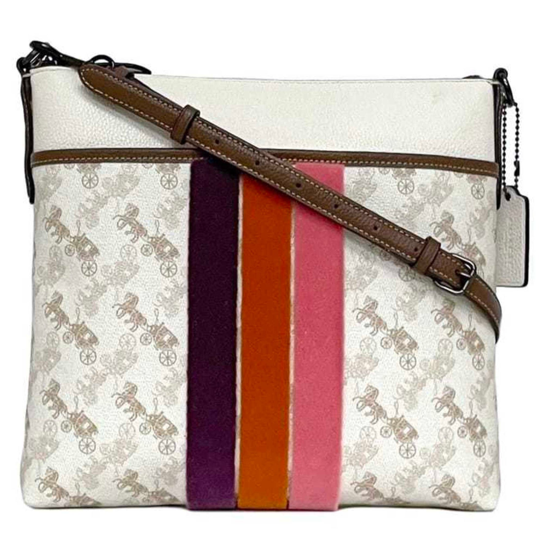 Coach Shoulder Bag White Brown Horse and Carriage PVC Leather Crossbody Compact
