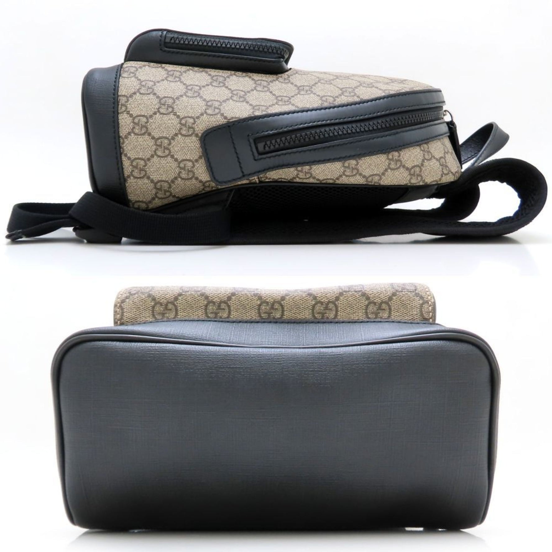 GUCCI Small Backpack GG Supreme Canvas and Leather, Beige/Black