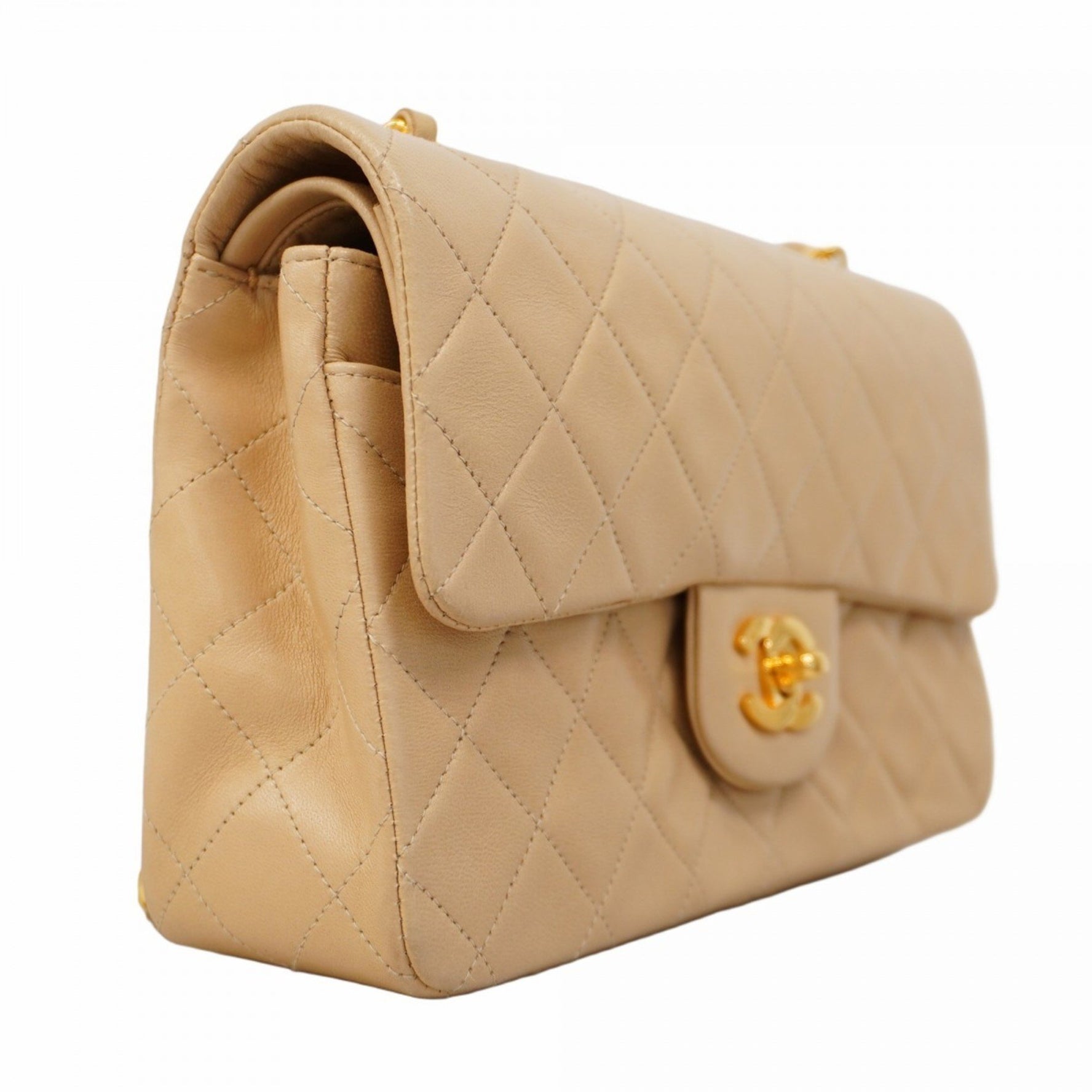 Chanel Matelasse Shoulder Bag with Double Flap and Chain, Lambskin, Beige, Women's