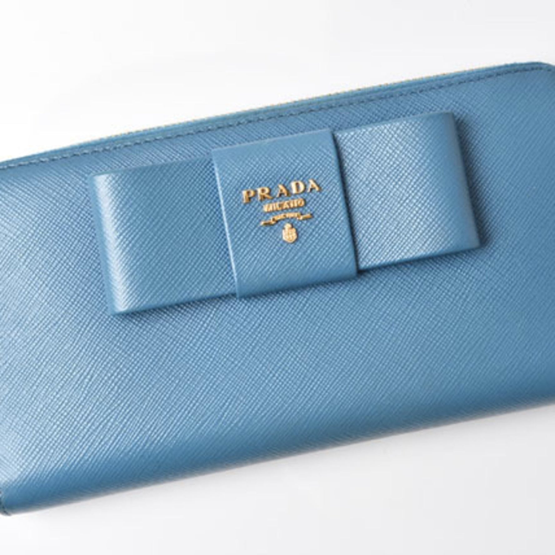 PRADA Long Wallet 1ML506 SAFFIANO FIOCCO Embossed Leather Ribbon Motif Calfskin COBALTO Cobalt