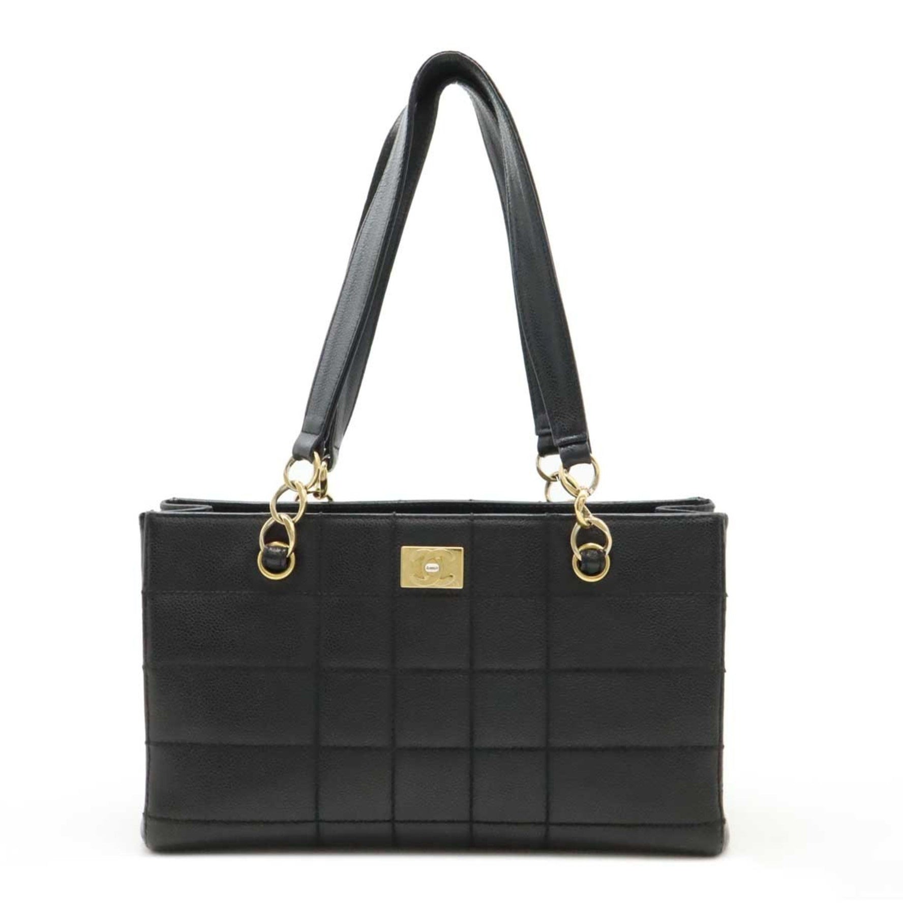 CHANEL Chocolate Bar Coco Mark Chain Tote Bag Shoulder Caviar Skin Leather Black