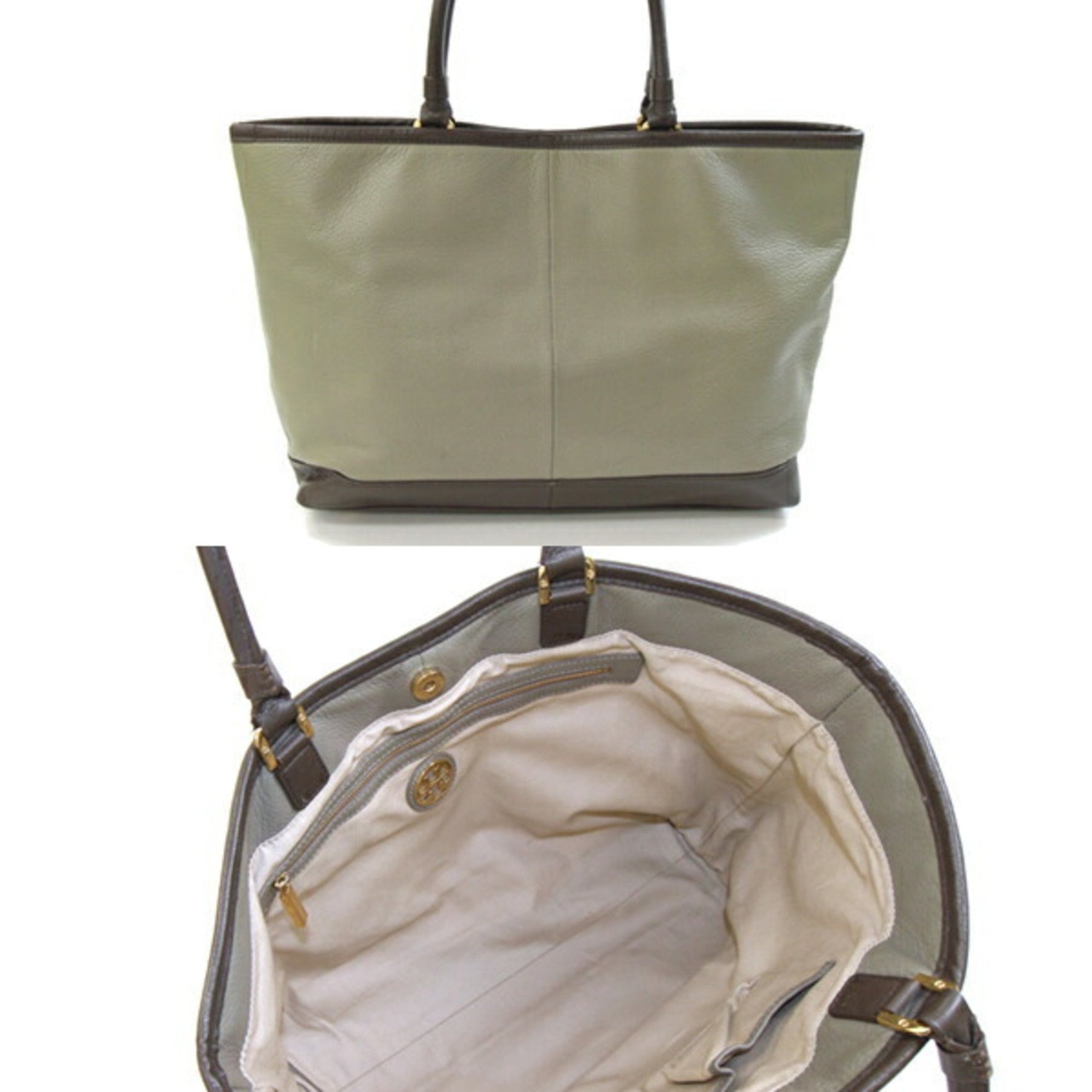 TORY BURCH Tote Bag Khaki Green Dark Brown Leather Bicolor Women's